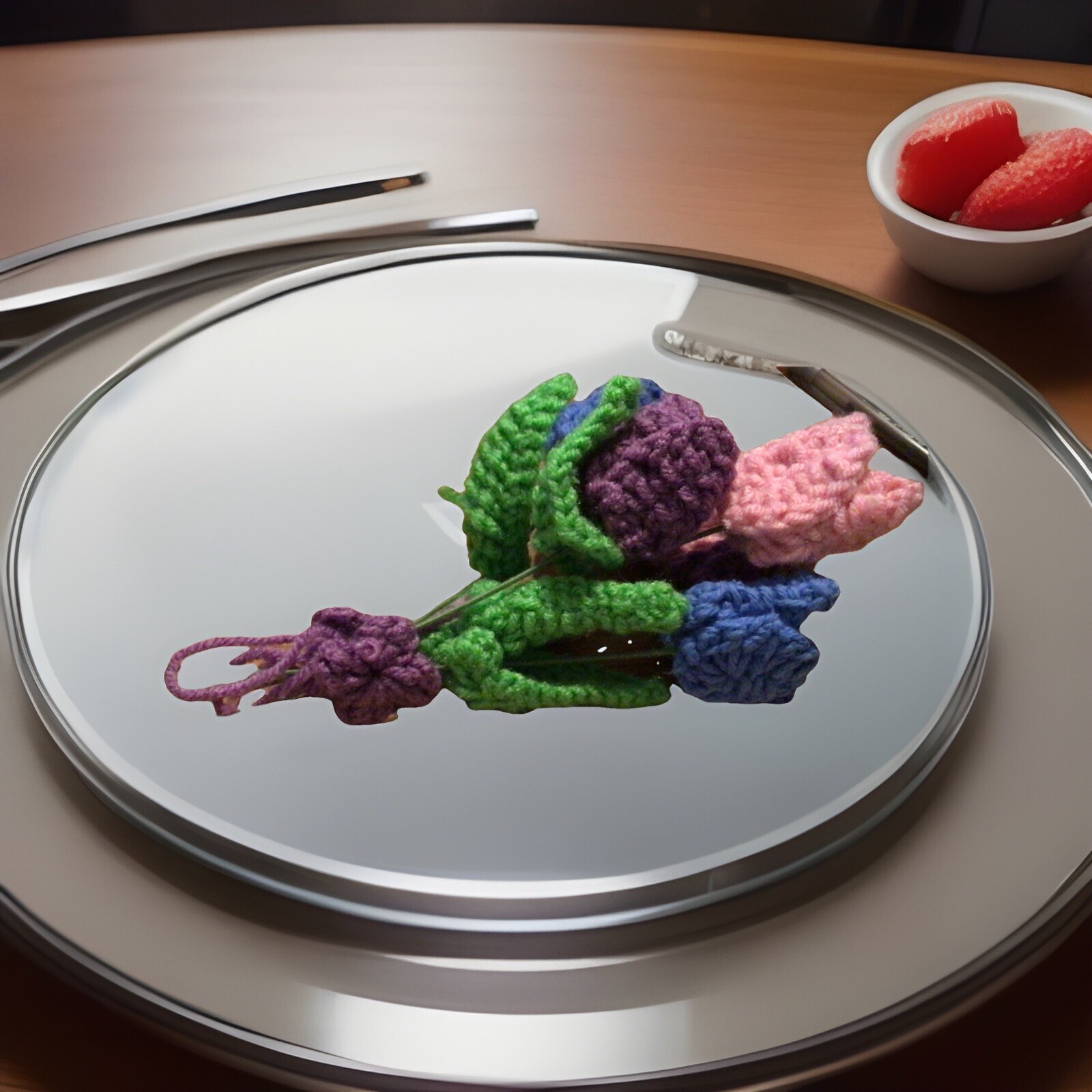 Crochet Flowers Bouquet, Pink, purple, blue, & green with wire stems