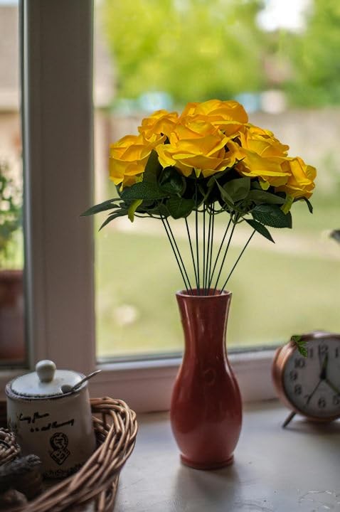 10-Heads Yellow Artificial Rose Silk Flowers Bouquet for Home Wedding Decor