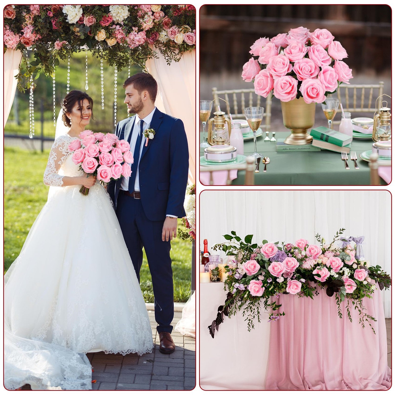20 Pcs Pink Roses Artificial Silk Flowers Fake Roses Bouquet with Long Stems …
