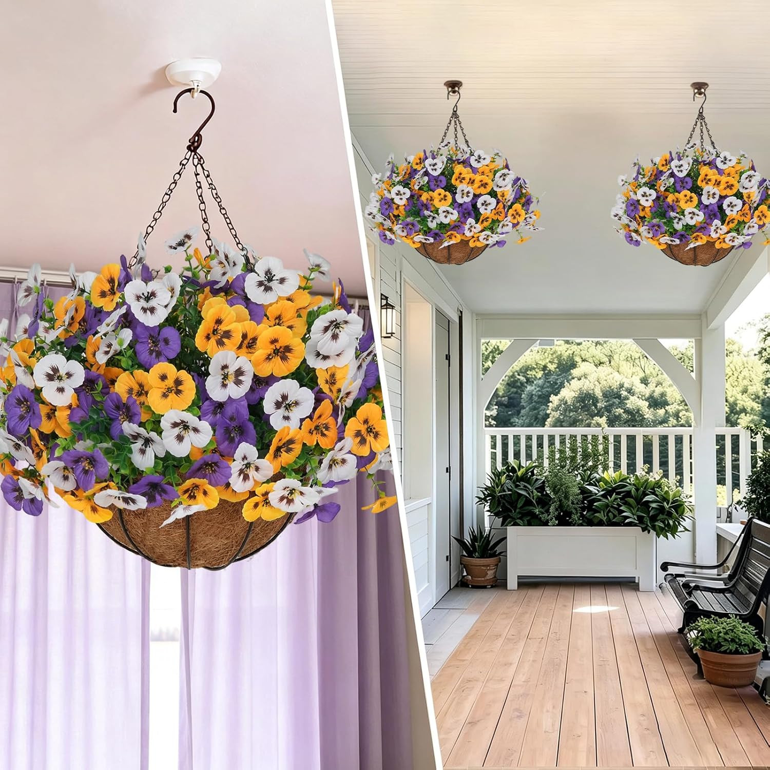 24 Pcs Silk Pansy Hanging Flowers with Basket for Outdoor Home Decor