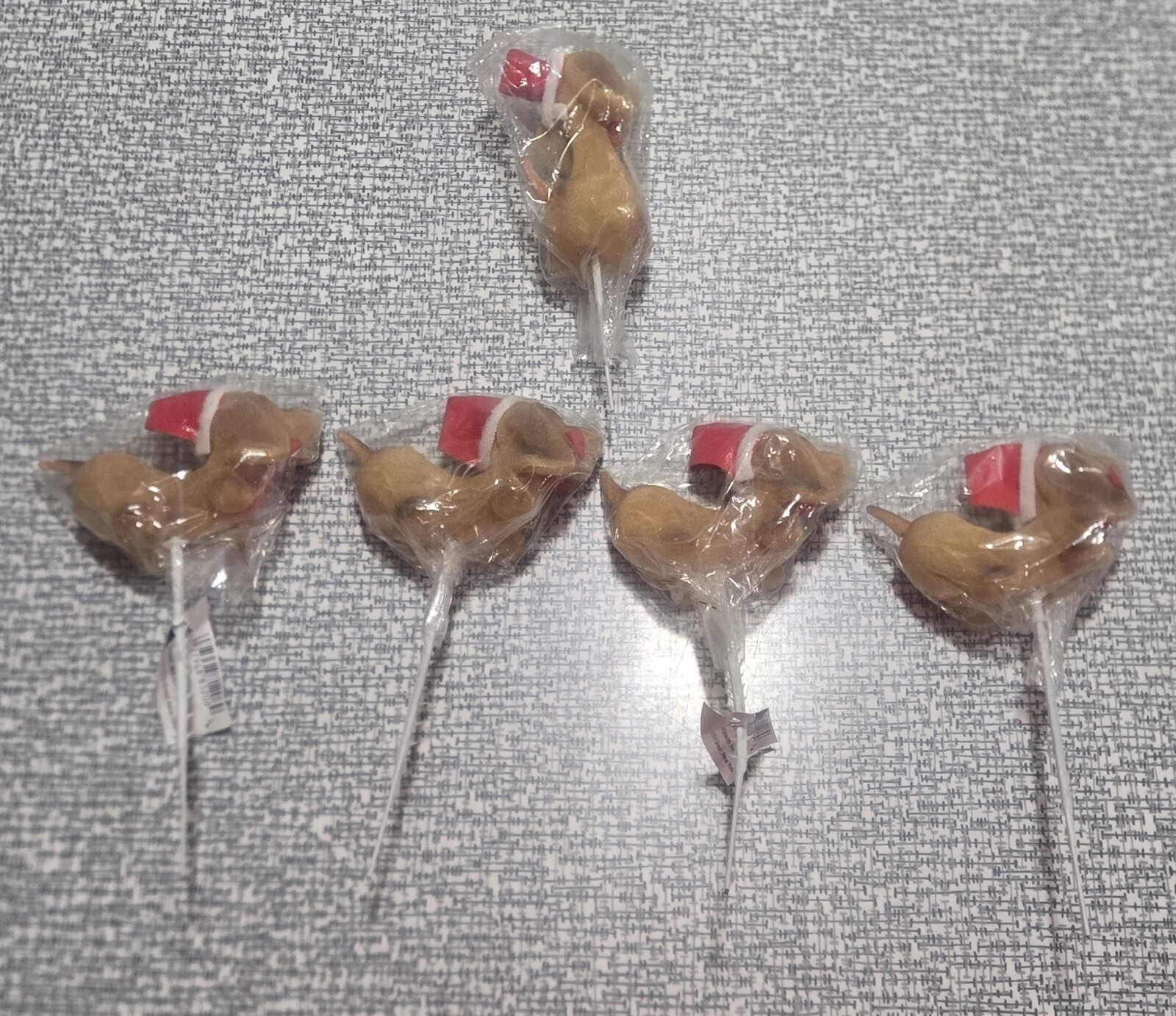 Vtg LOT of 5 Small FLOCKED DOG Wearing SANTA HAT Floral PICKS Christmas NOS
