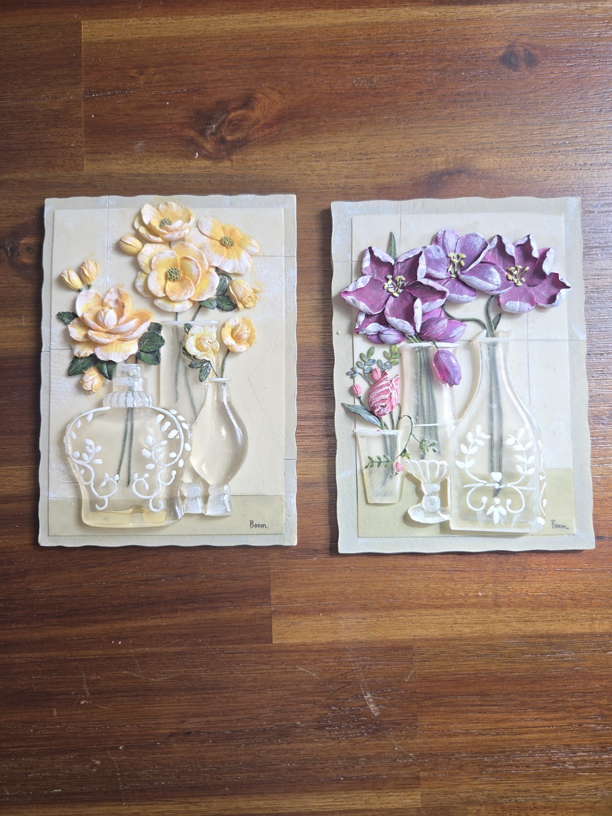 Set of 2 Boem Floral Wall Plaques 3D Relief Resin Flowers Vase Cottage Decor#101