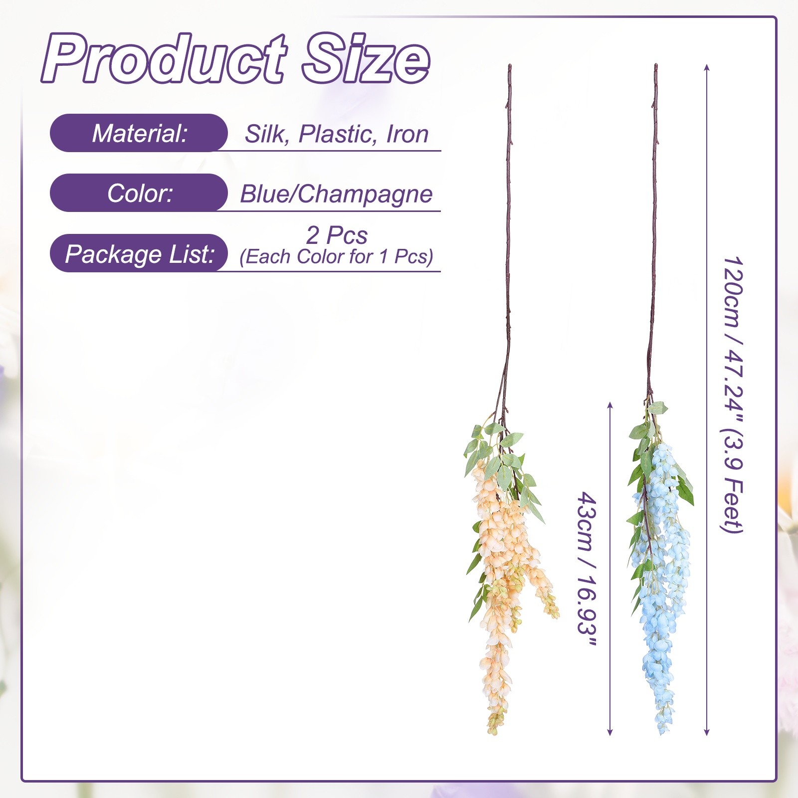 2 Pcs Artificial Wisteria Hanging Flowers 3.9 ft Fake Hang Floral Blue/Champagne