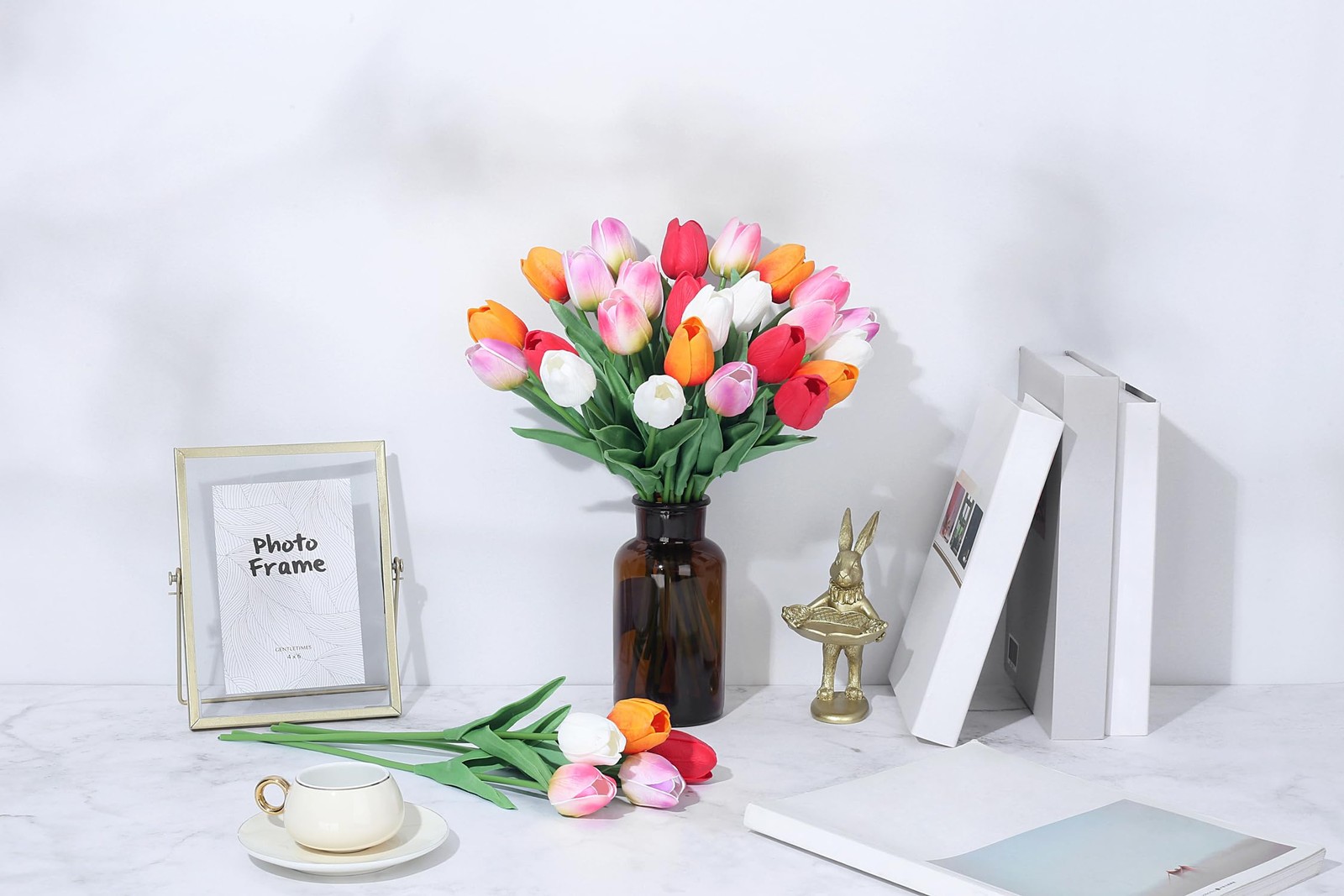 15 PCS Fake Flowers Tulips Artificial Silk 14 Inch Real Touch Multicolor Decor