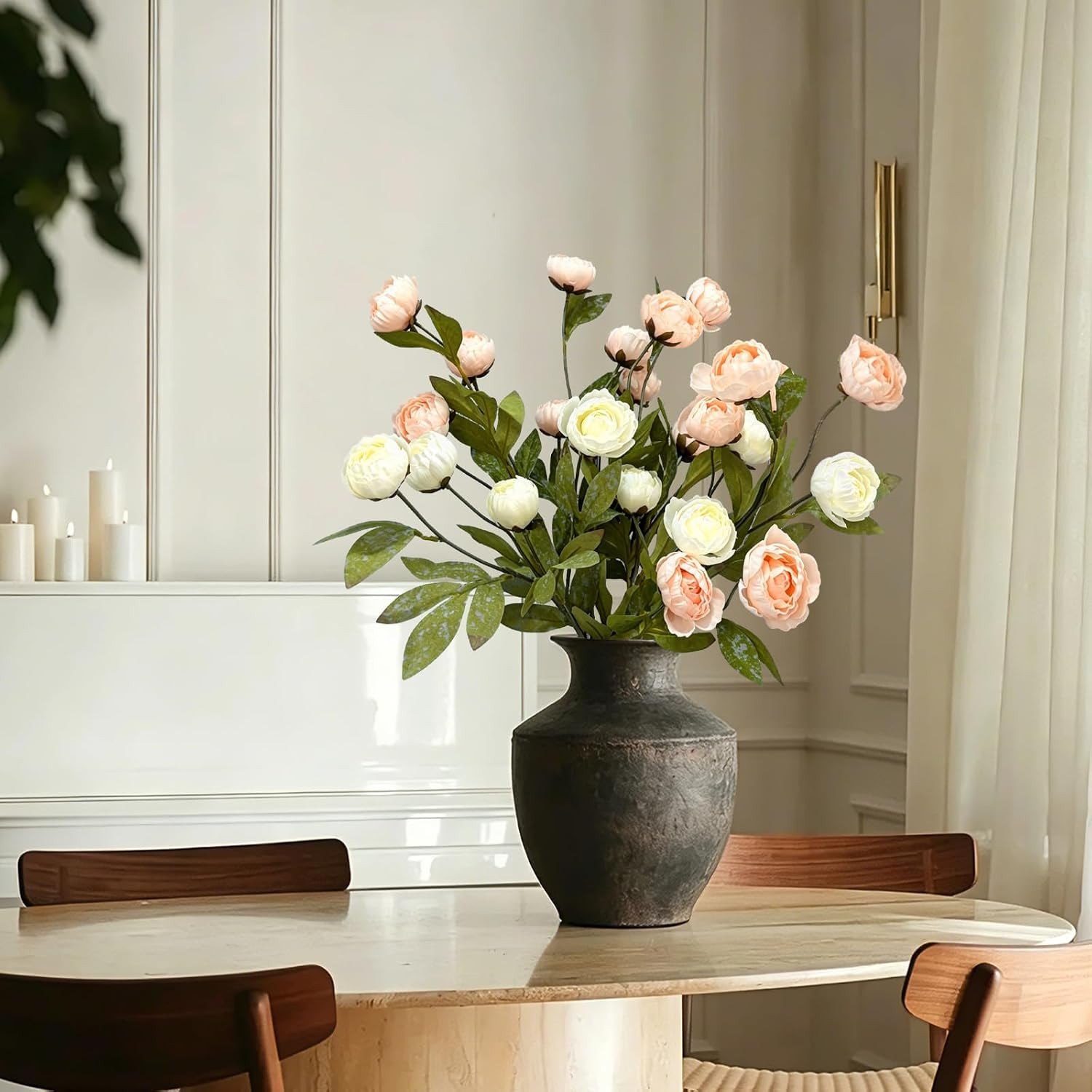 6 Pcs Beige Champagne Faux Peonies Silk Flowers for Home, Wedding Decor