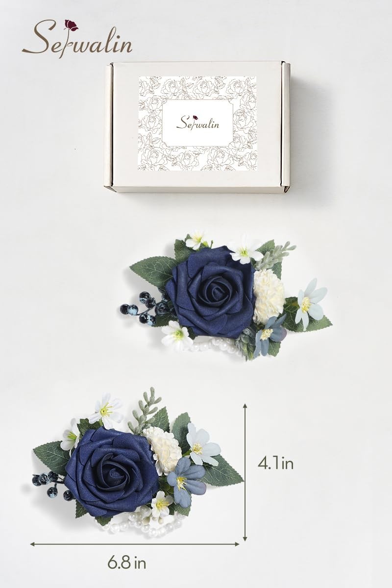 6-7 Inch Navy Blue Wrist Corsage Wedding Bridesmaid Artificial Flowers 2 PCS