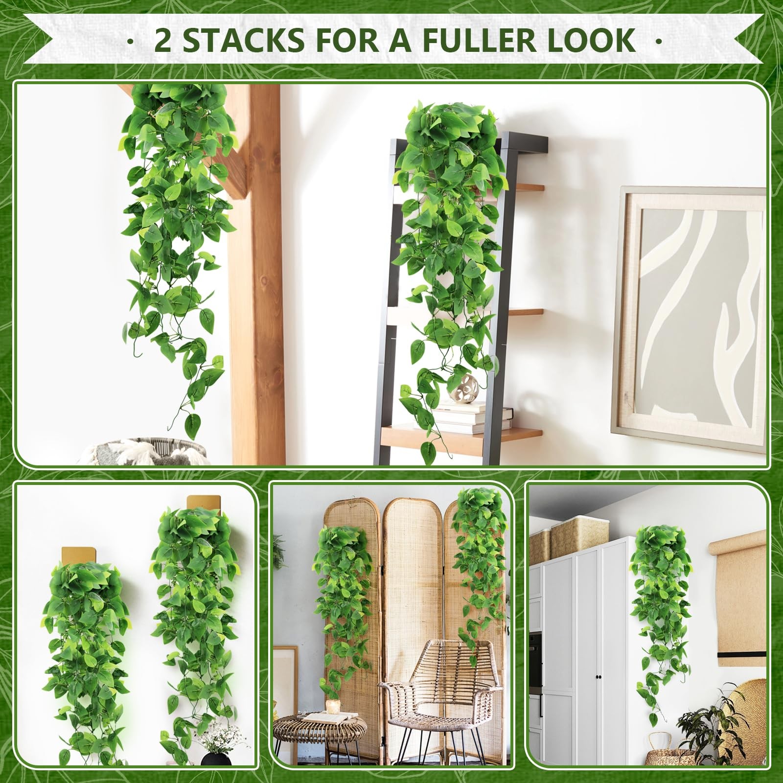 2 Pack Faux Hanging Plants Green Pothos Ivy Vines 35 Inch Waterproof UV Resistan