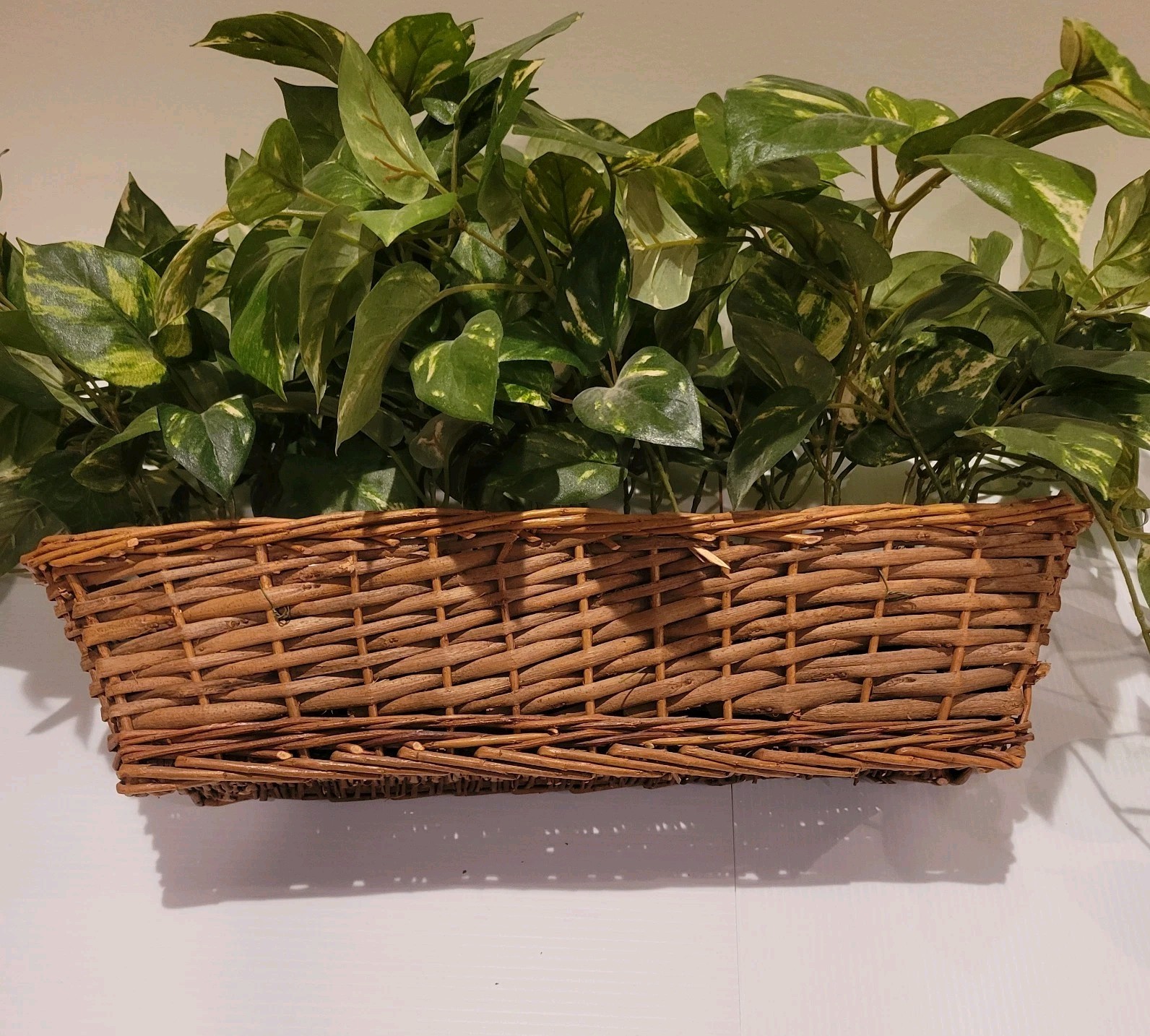 Indoor Faux Artificial Ivy Pothos Plant In Wicker Ledge Basket