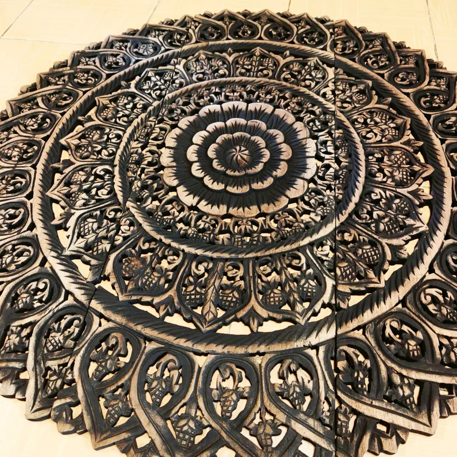 Round Floral Mandala Wood Carving Panel Black 90 cm, 3-Piece Set #B