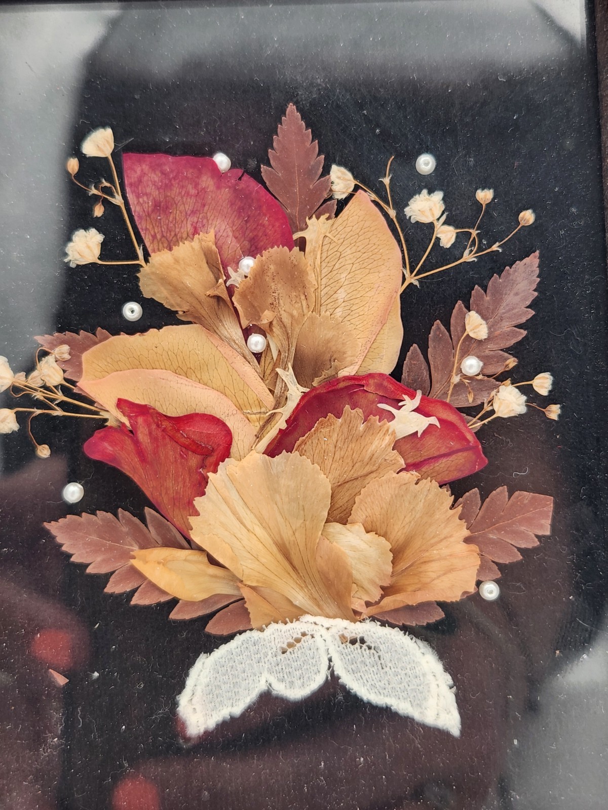 VTG Leonard Creations California Pressed Dries Flowers Wooden Frame Beads Lace