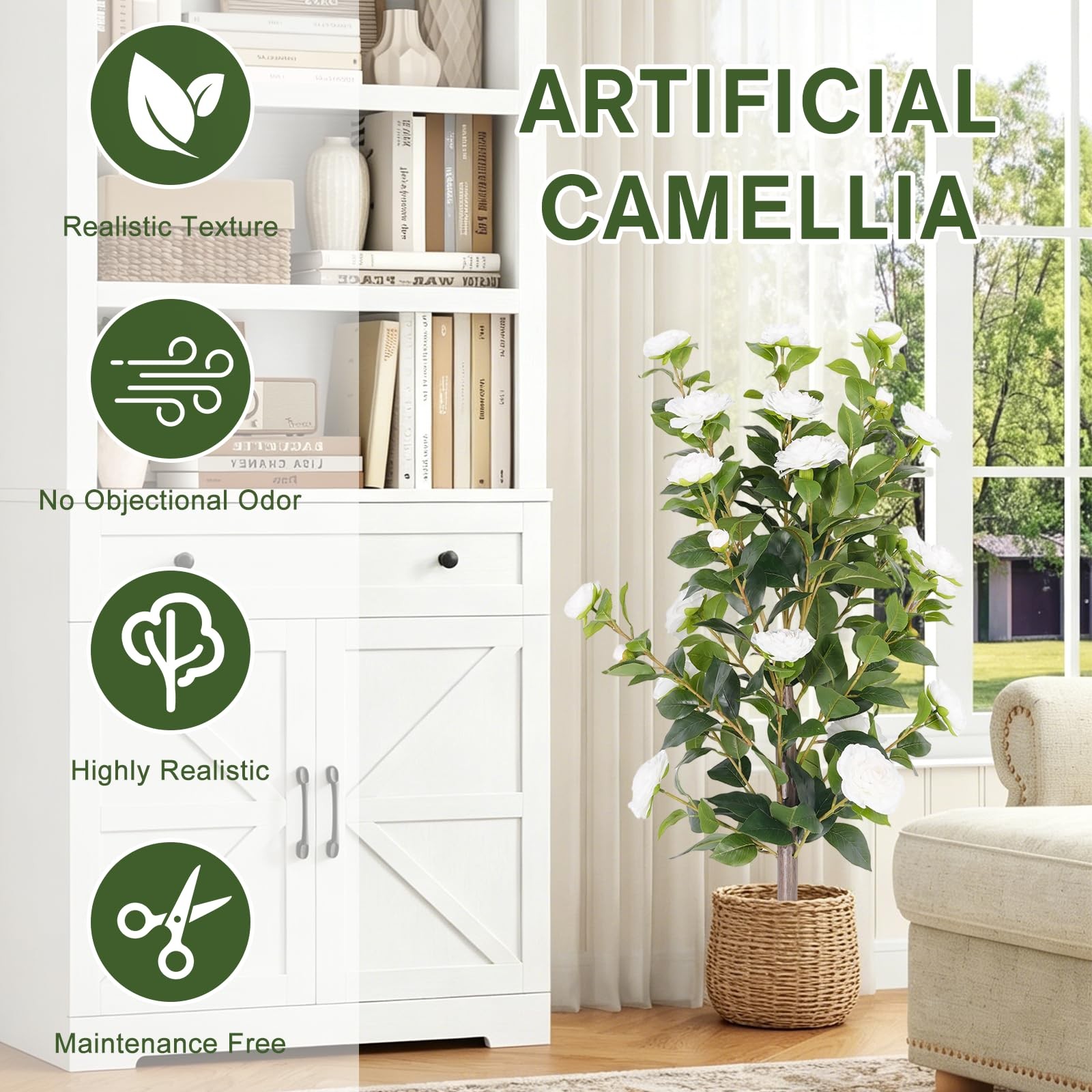 2-Pack 3FT White Artificial Camellia Bushes, UV Resistant Lifelike Faux Flowe…