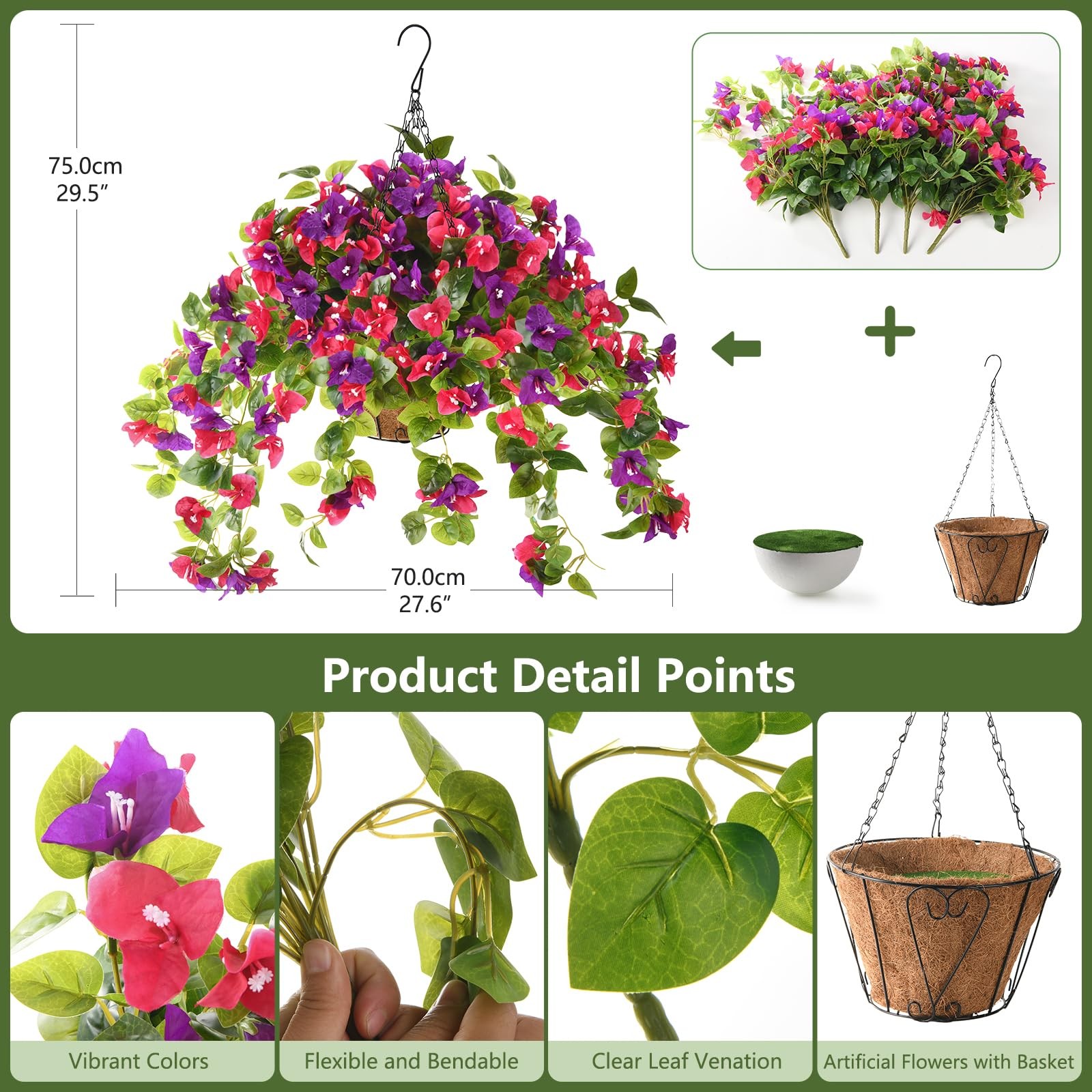 Homsunny Artificial Fake Hanging Flowers Plants Basket for Outdoor Decoration