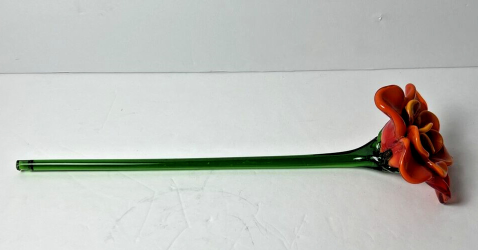 Vintage Handblown Glass Orange Rose Long Green Stem Budding Flower 13″ Stem Chip