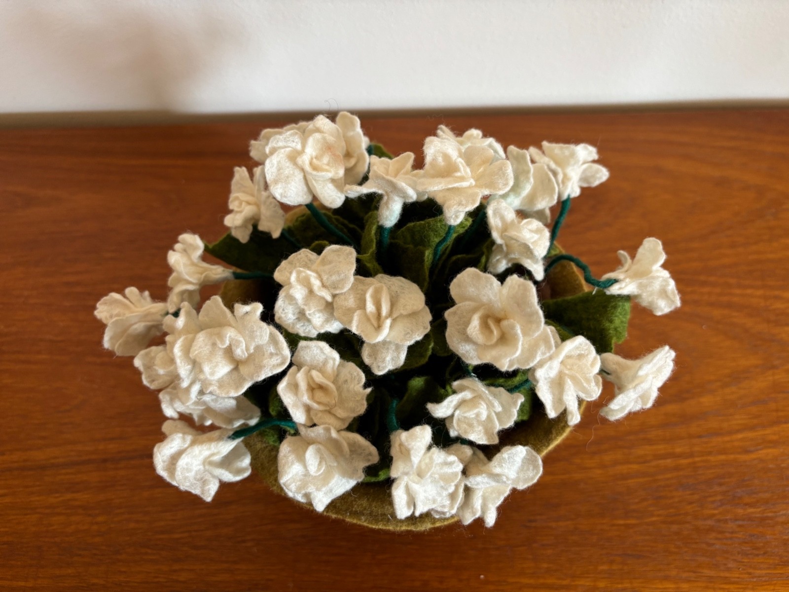 Handmade Hand Felted White Wool Flowers in a Pot for Decoration