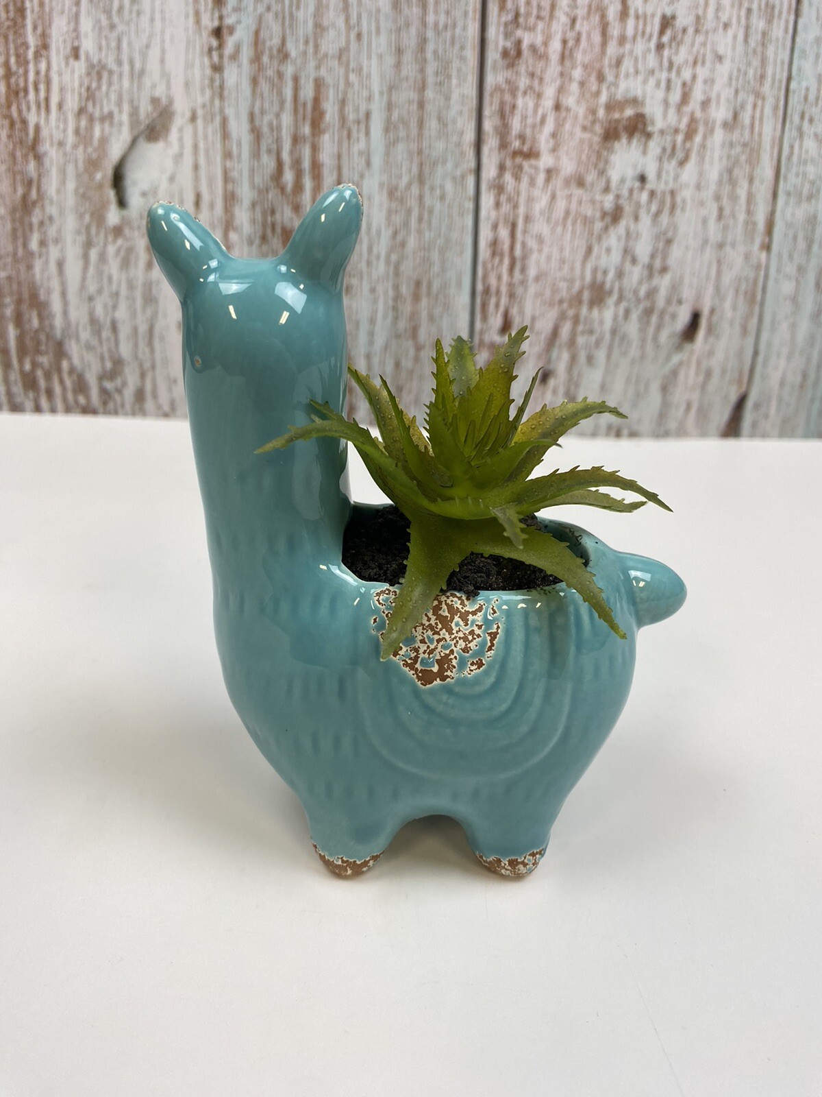 Llama Faux Succulent Blue Planter 4.5″ Home Decor Rustic Farmhouse Cottage – New