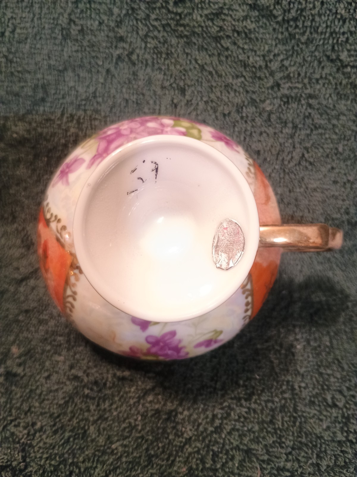 Purple Flowers With Orange And Gold Trim. Cut Out Saucer