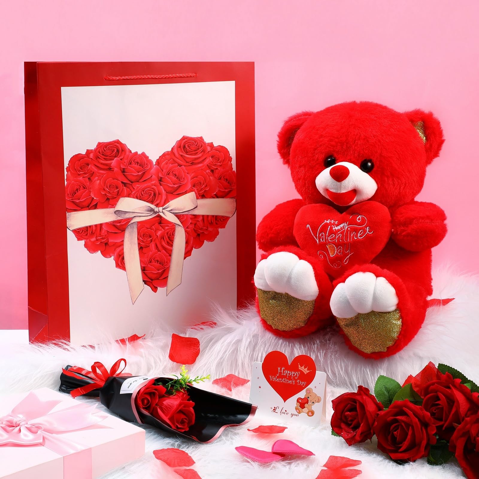 4 PCS Valentine’s Day Heart Bear Gift Set Rose Flowers Basket For Her