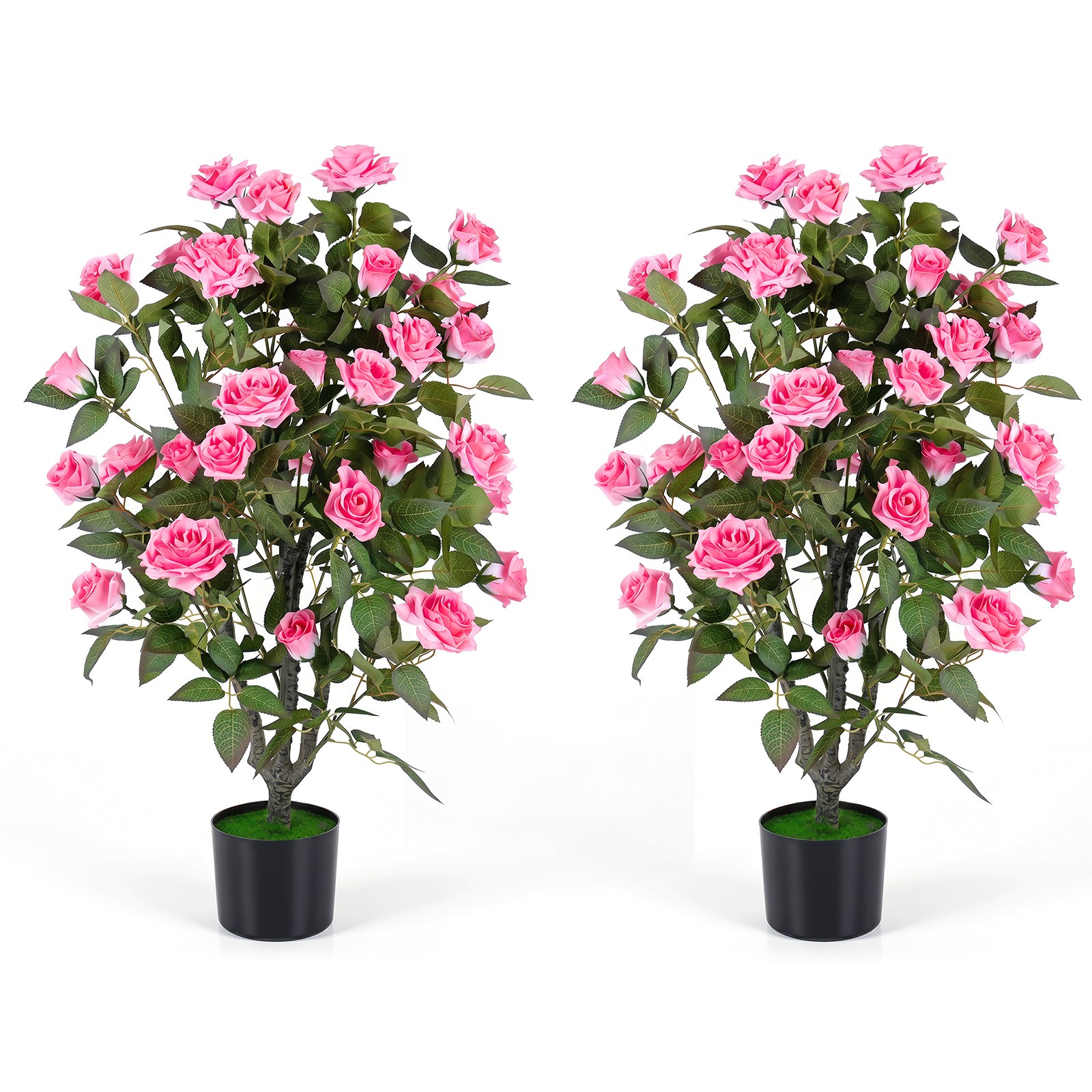 2PCS Artificial Rose Tree w/Blooming Flowers & Green Leaves, Free Maintenance
