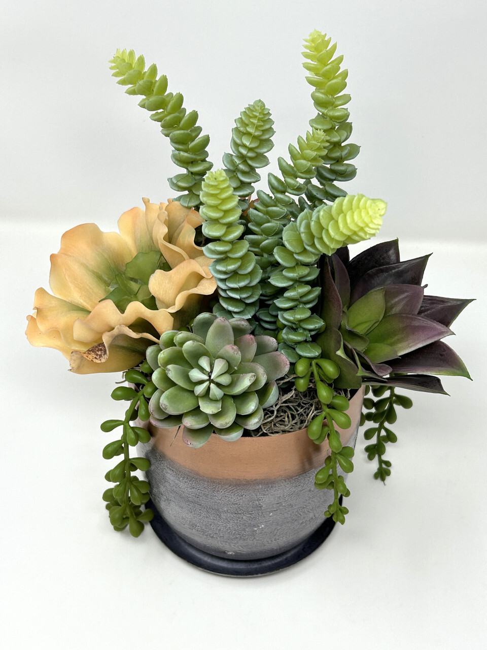 11″ Unique Artificial Succulent Garden #1 mixed arrangement, 5″ Metal Planter