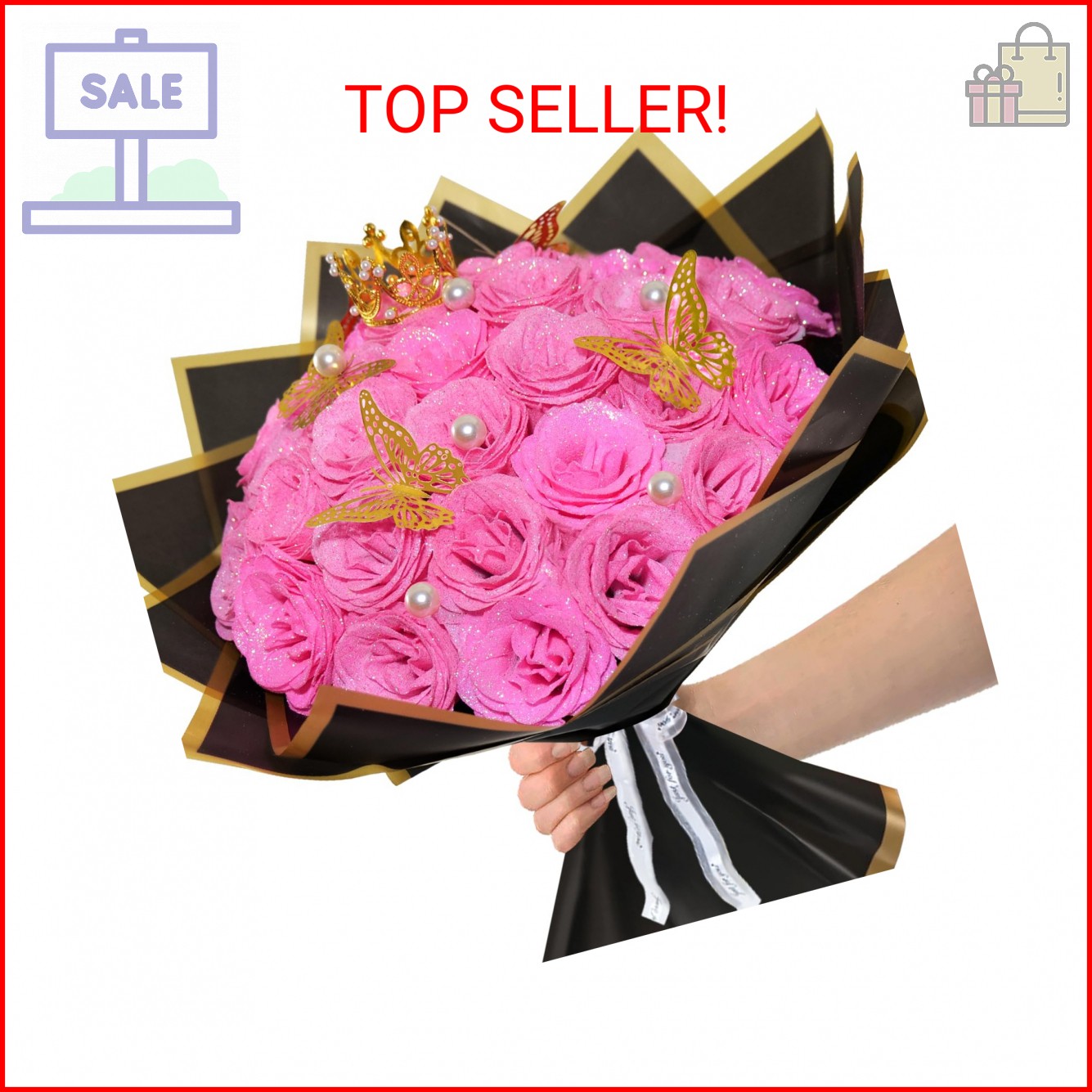 Pink Glitter Roses Bouquet, 24 Pcs Shiny Glitter Flowers Bouquet, Everlasting Ar