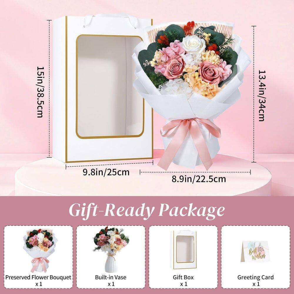 13.4 In. Light Pink Artificial Preserved Rose Bouquet-Includes Gift Box and Gree