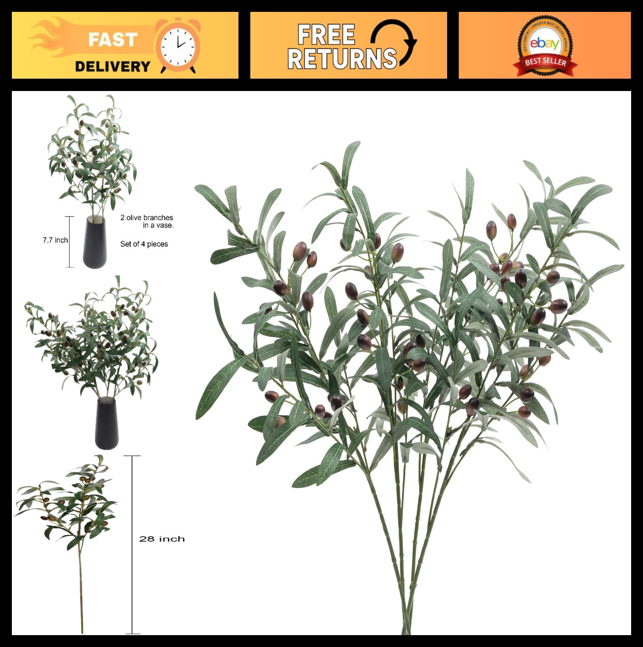 28″ Artificial Olive Branches – 4 PCS Greenery Stems for Home, Wedding, Office D