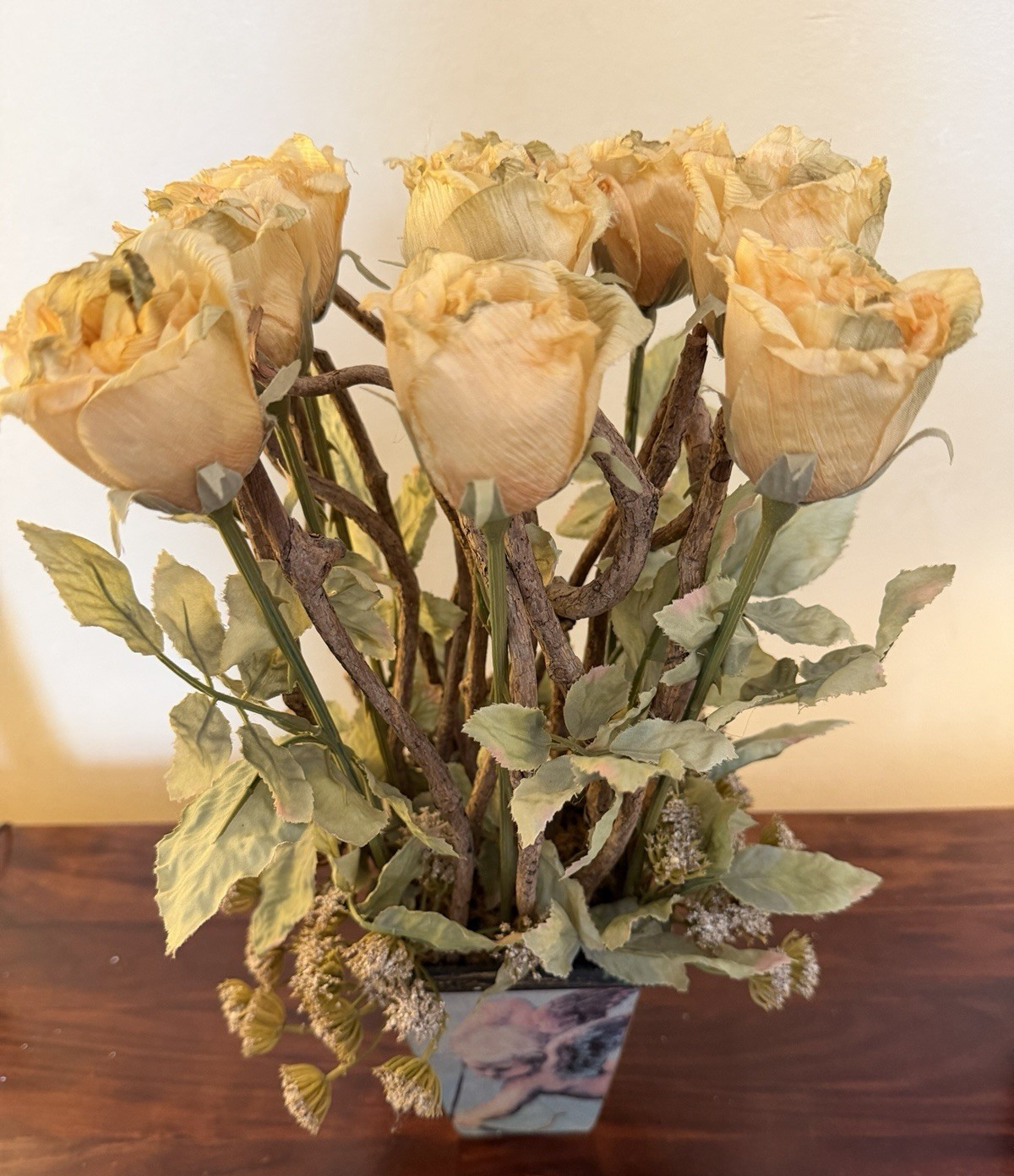 Faux Yellow Crepe Paper Roses in Cherub Vase