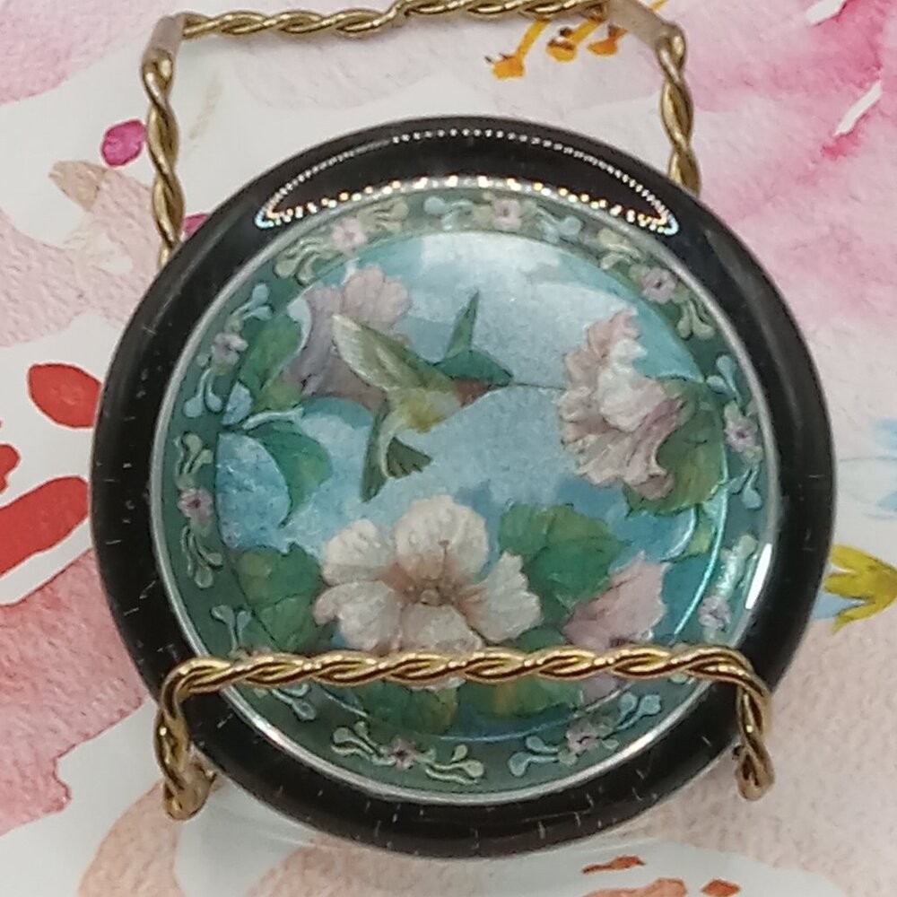 HUMMINGBIRD Floral Round Glass PAPERWEIGHT England Enesco Corp Vintage 3 1/2″