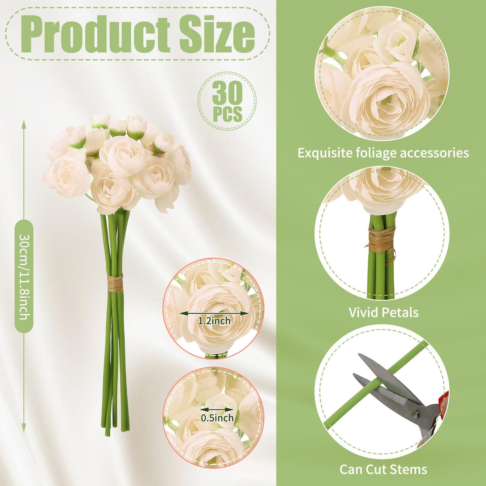 Ovveroche 5 Bouquets Cream Ranunculus Artificial Flowers, 30 Pcs Silk Mini Fa…