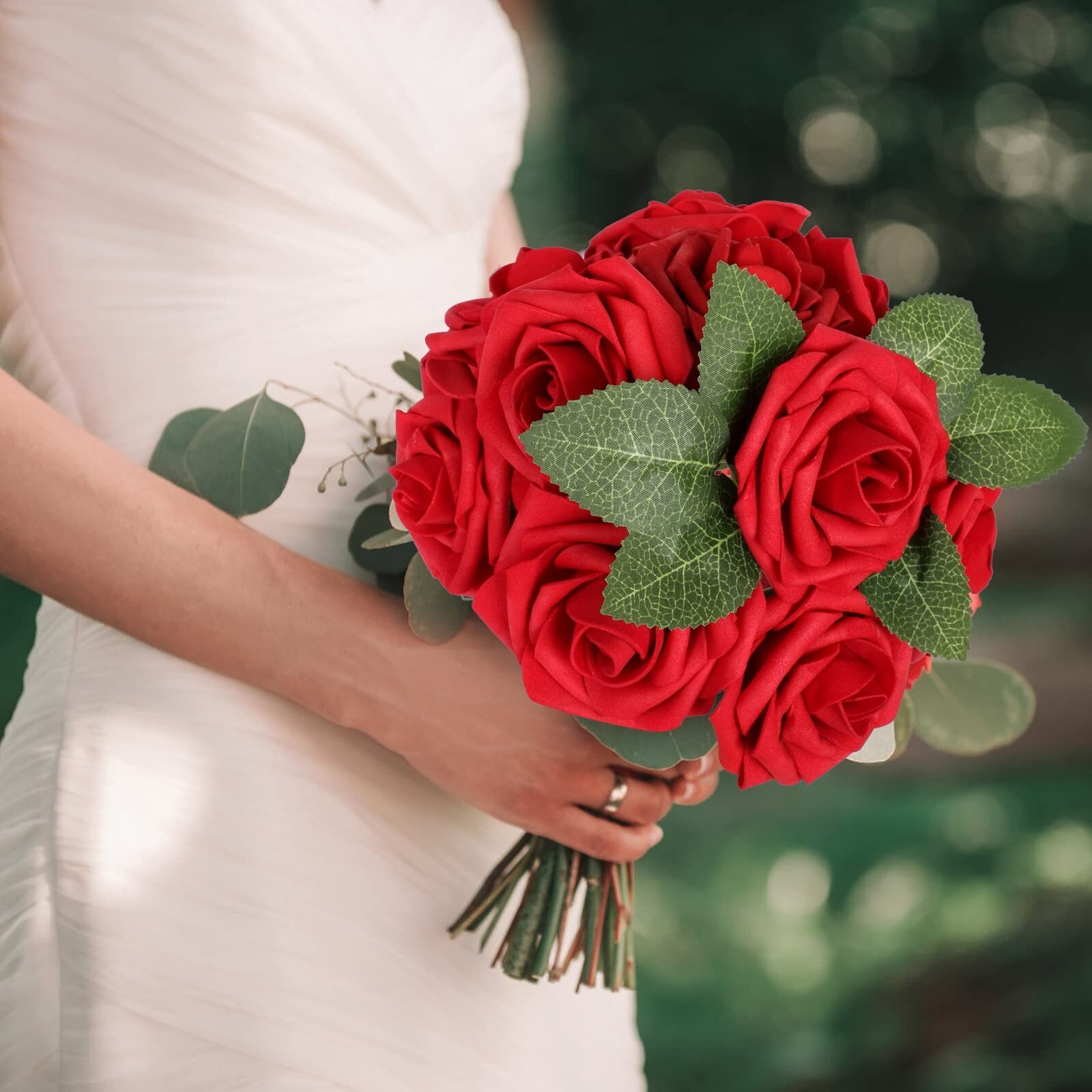 AmyHomie Artificial Flowers Dark Red Rose 100pcs Real Looking Fake Roses w/St…