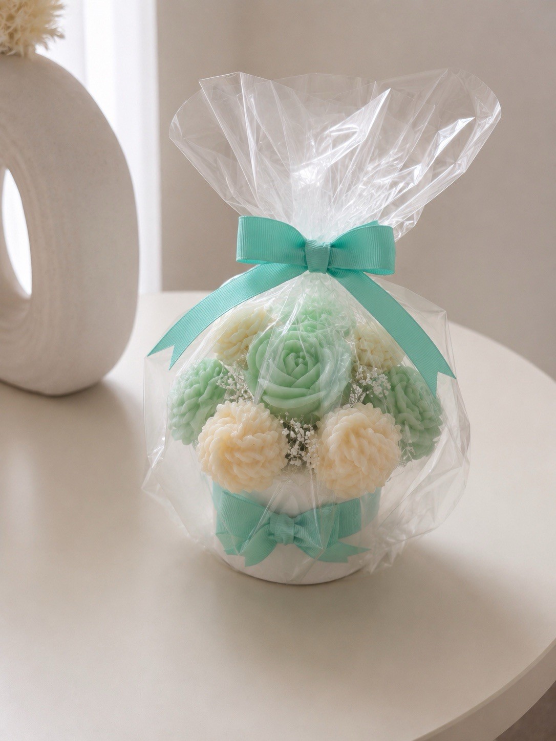 Artificial Mint Green & White Rose Floral Arrangement Centerpiece in White Pot