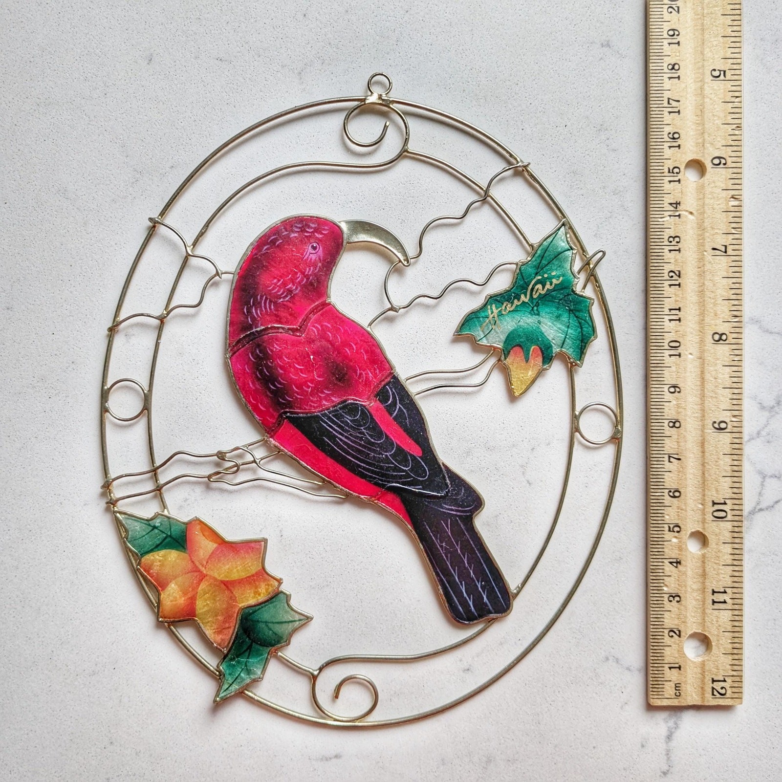 Vintage Hand-Painted Tropical Parrot Sun Catcher Stained Shell-Style Window