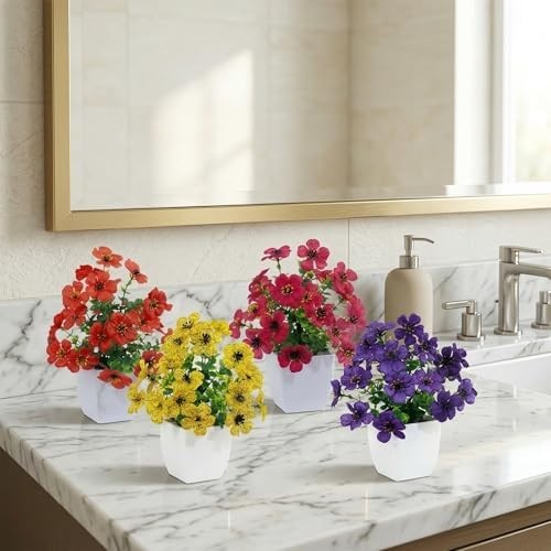 4 Pack Small Artificial Daisy Flowers Fake Plants in White Pots, Mini Potted Flo