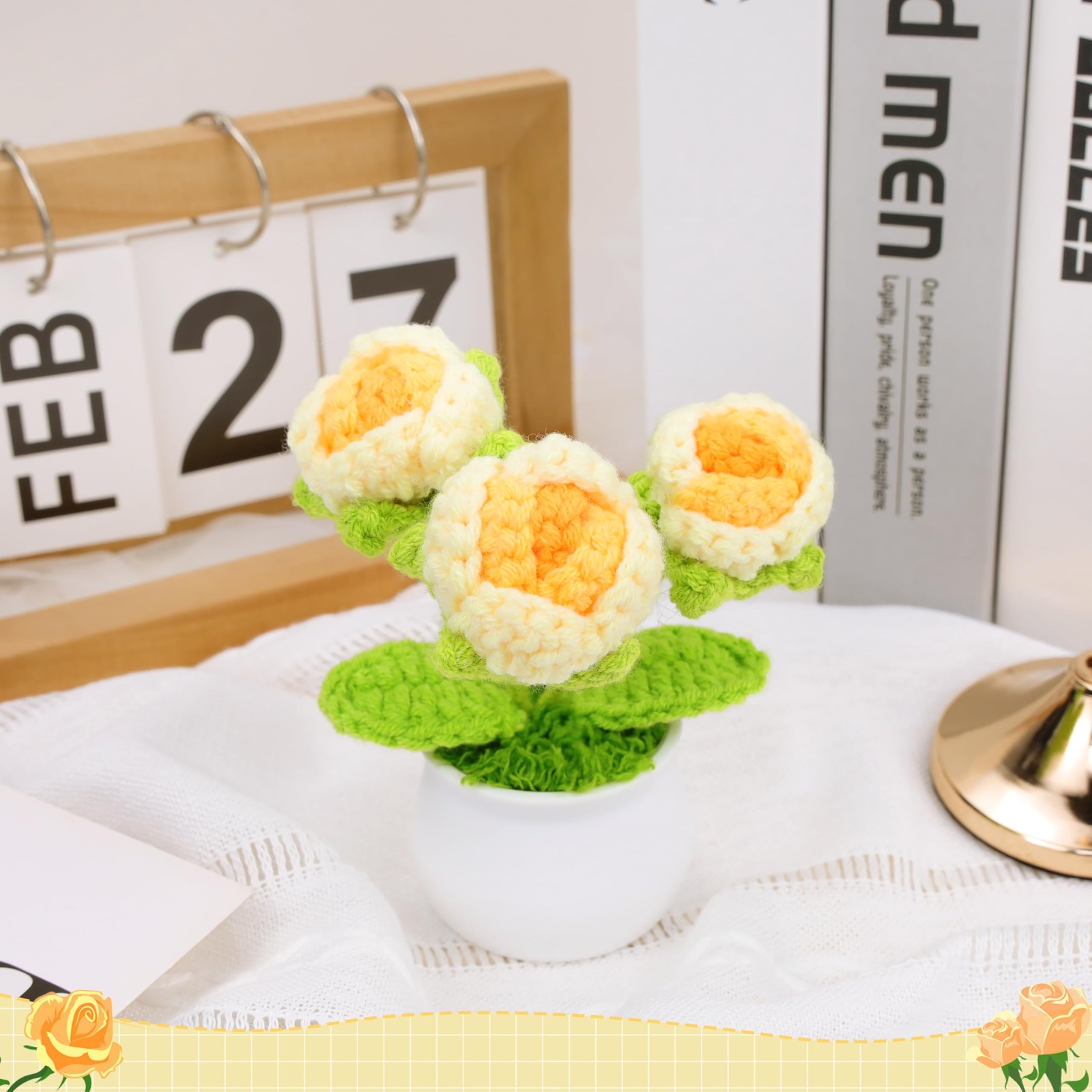 Crochet Flowers Gradient Yellow Roses Mini Potted Plants Eternal Yellow Rose …