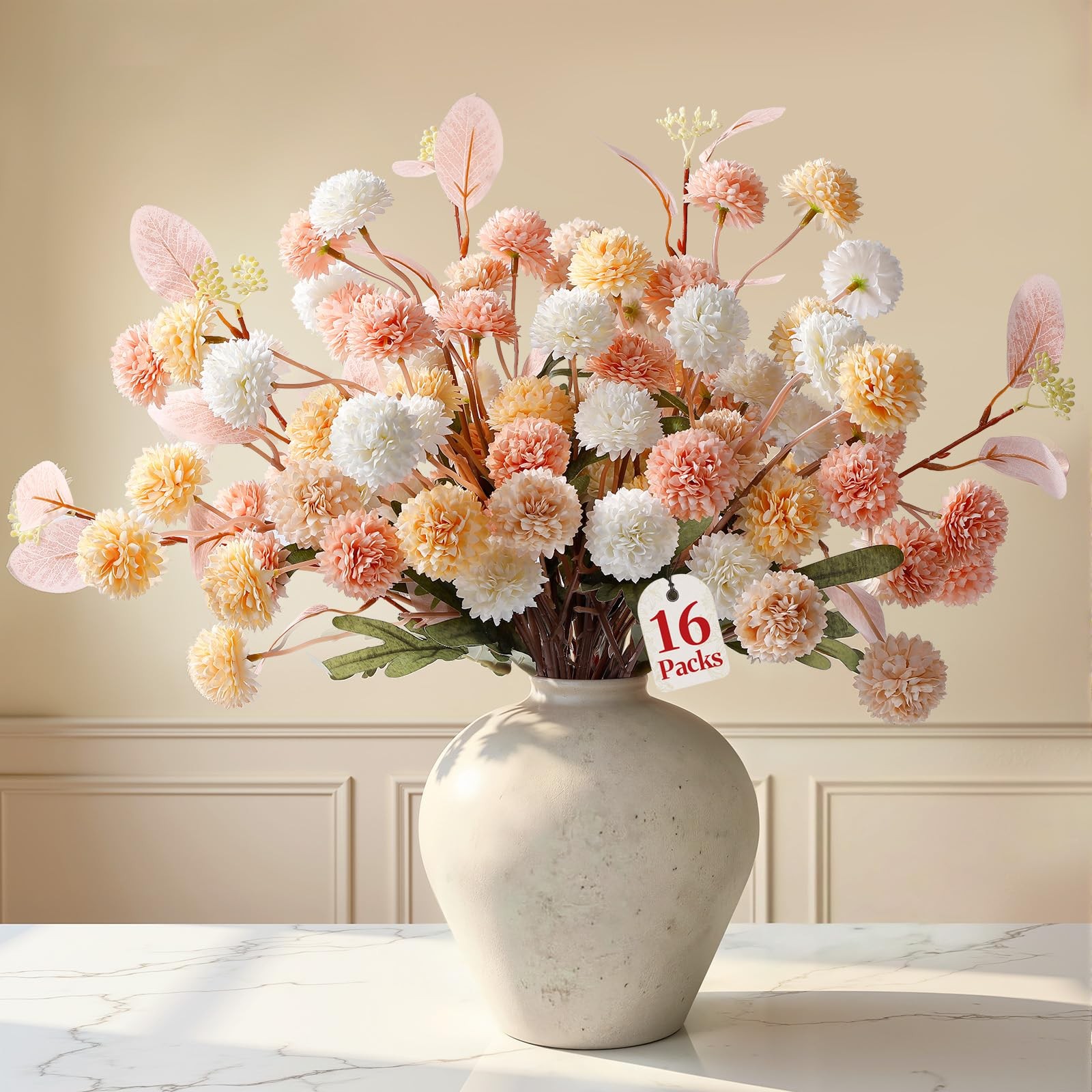 16 Pcs Faux Silk Mums with Eucalyptus, Fake Chrysanthemum for Vase