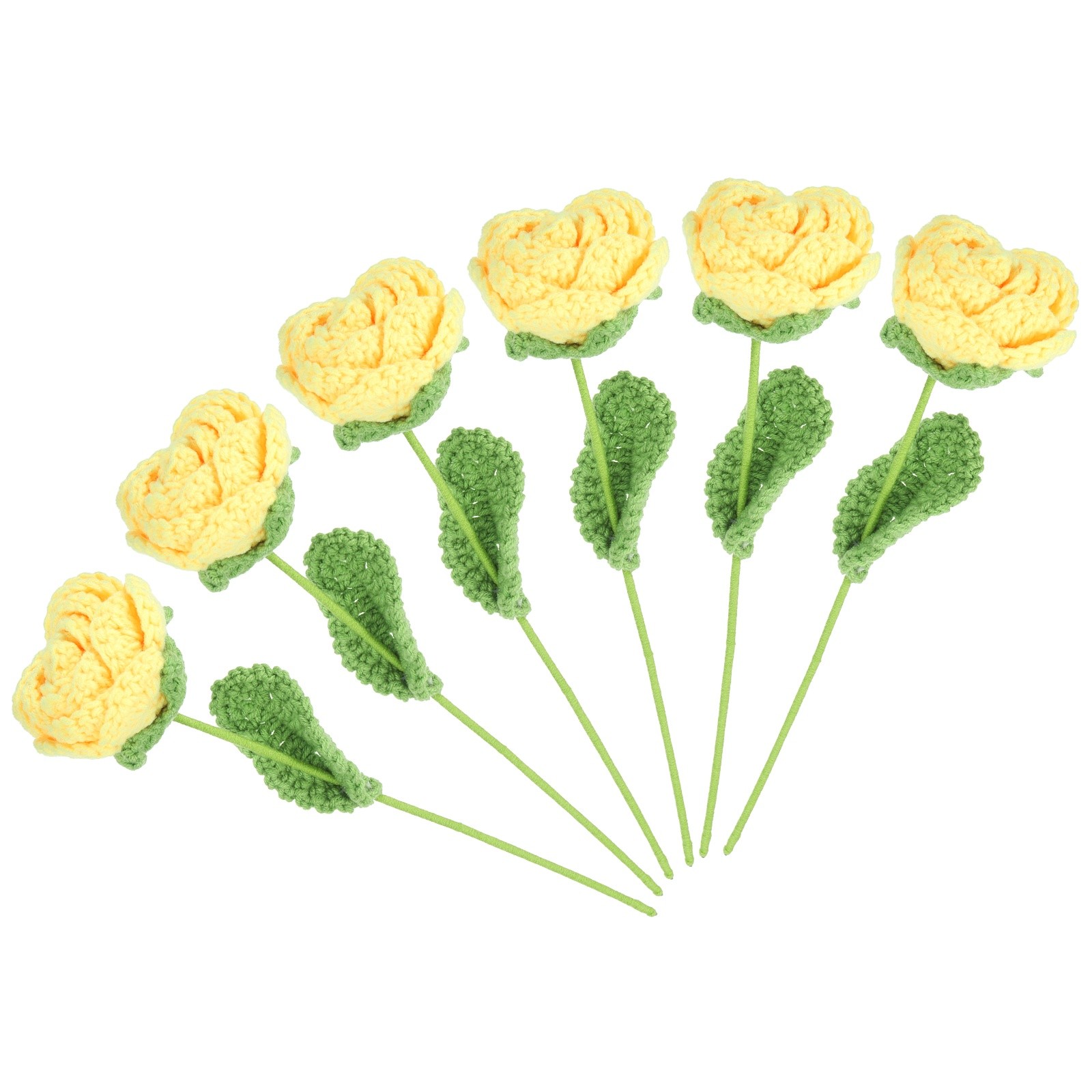 6Pcs Crochet Flower Rose Handmade Knitted Bouquet Yellow]