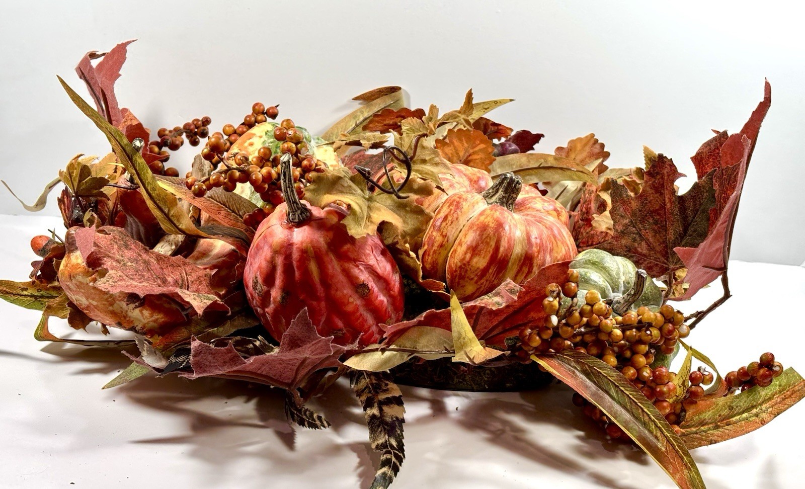 Thanksgiving/Fall Leaves Gourd Centerpiece w/ Twigs Oval Arrangement 19”