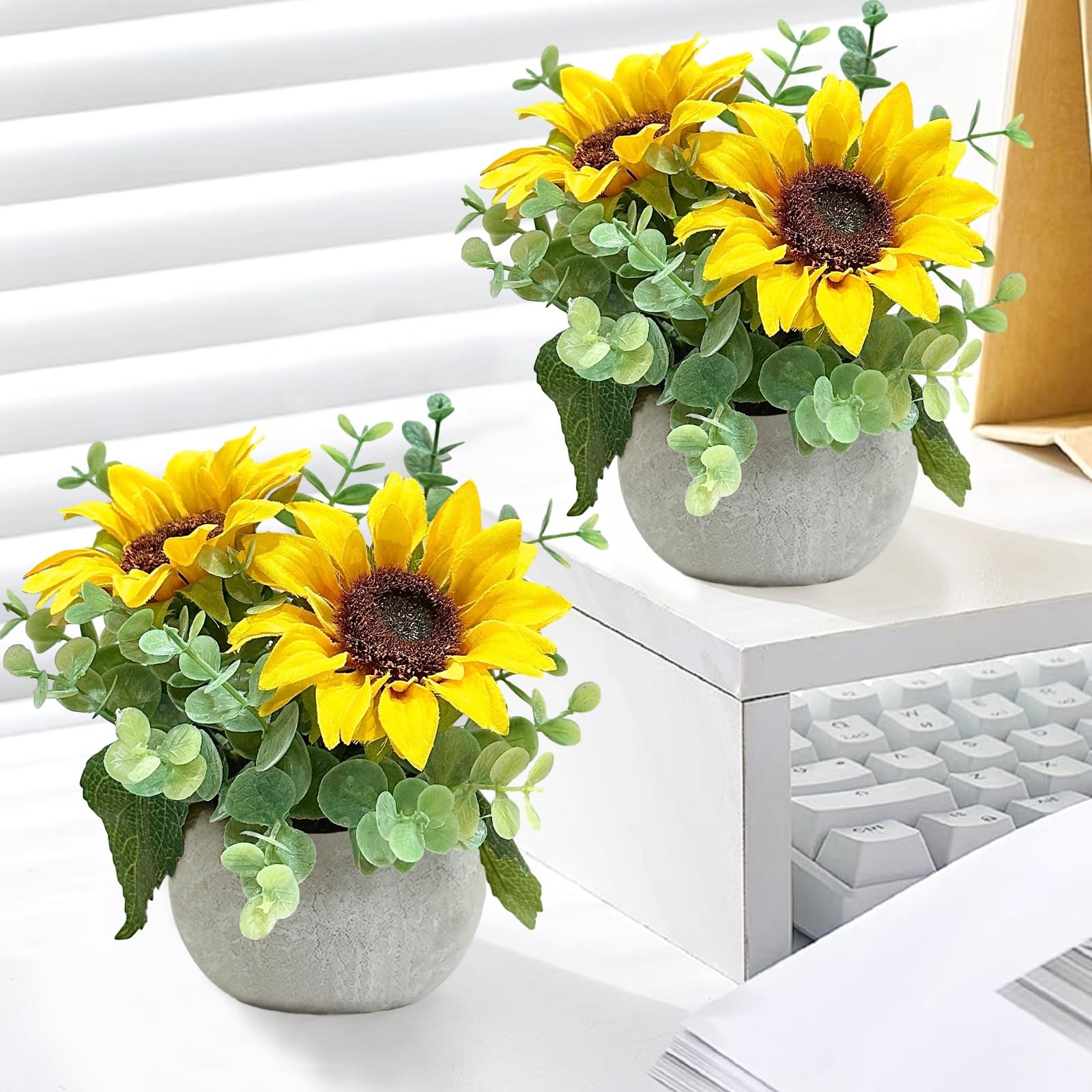 2 Pack Artificial Flowers with Pot, Silk Sunflowers with Eucalyptus Fake Pott…