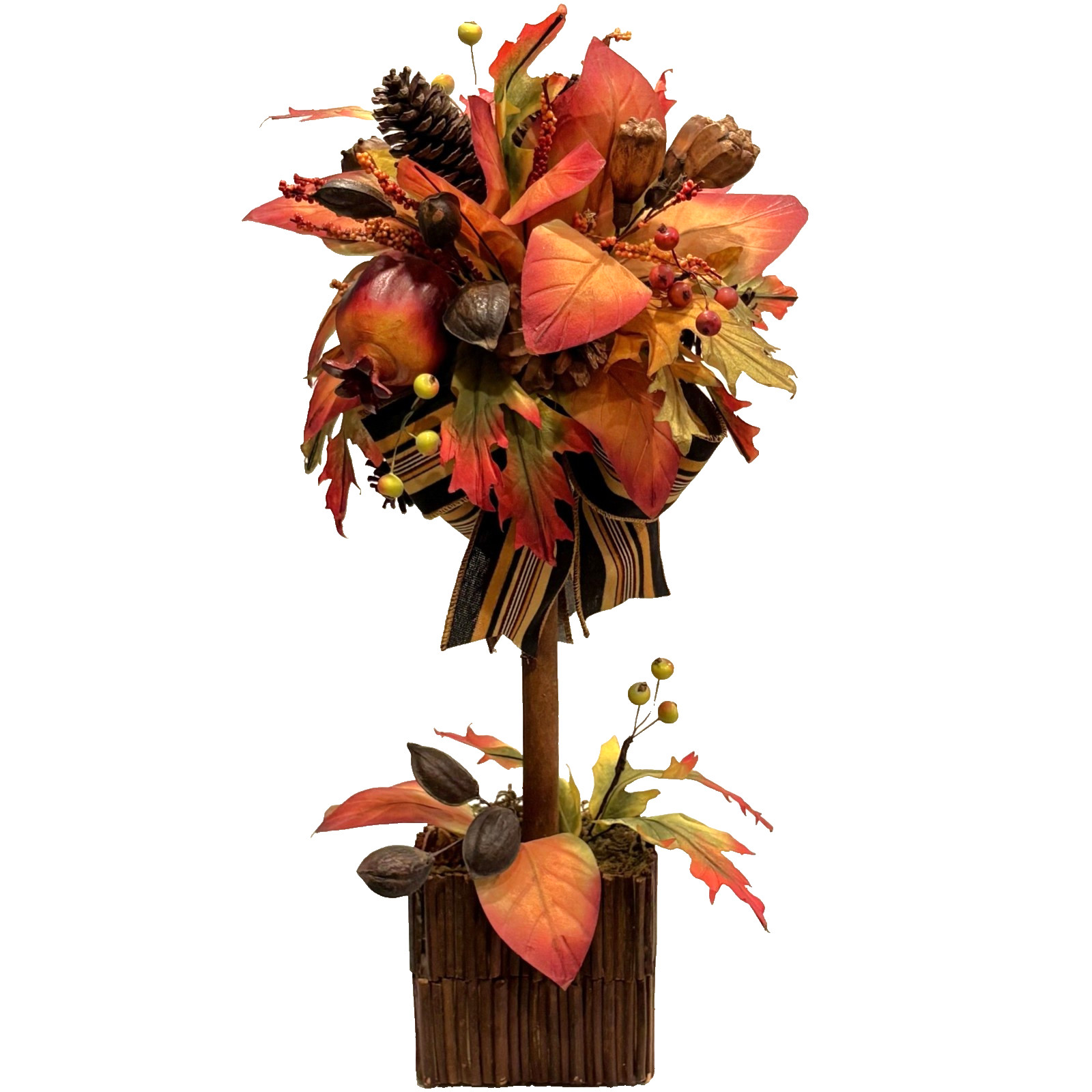 Fall Topiary Tree 20″ Orange Brown Faux Floral Decor Autumn Leaves Fruit Ribbons