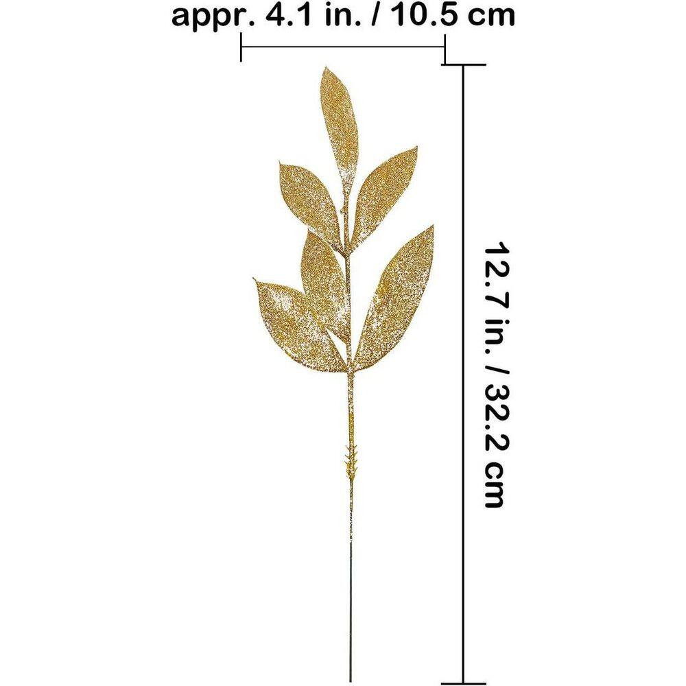 12 In. Gold Glitter Artificial Leaf Spray Foliage Picks for Christmas Wedding Wr