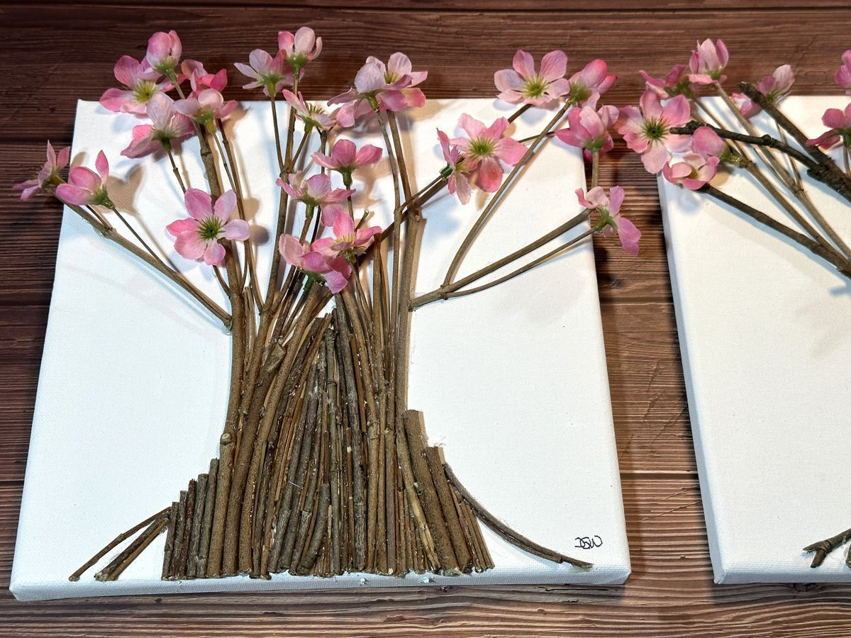Canvas Art Set- Woodland Trees with Pink and White Flowers – 3 Dimensional