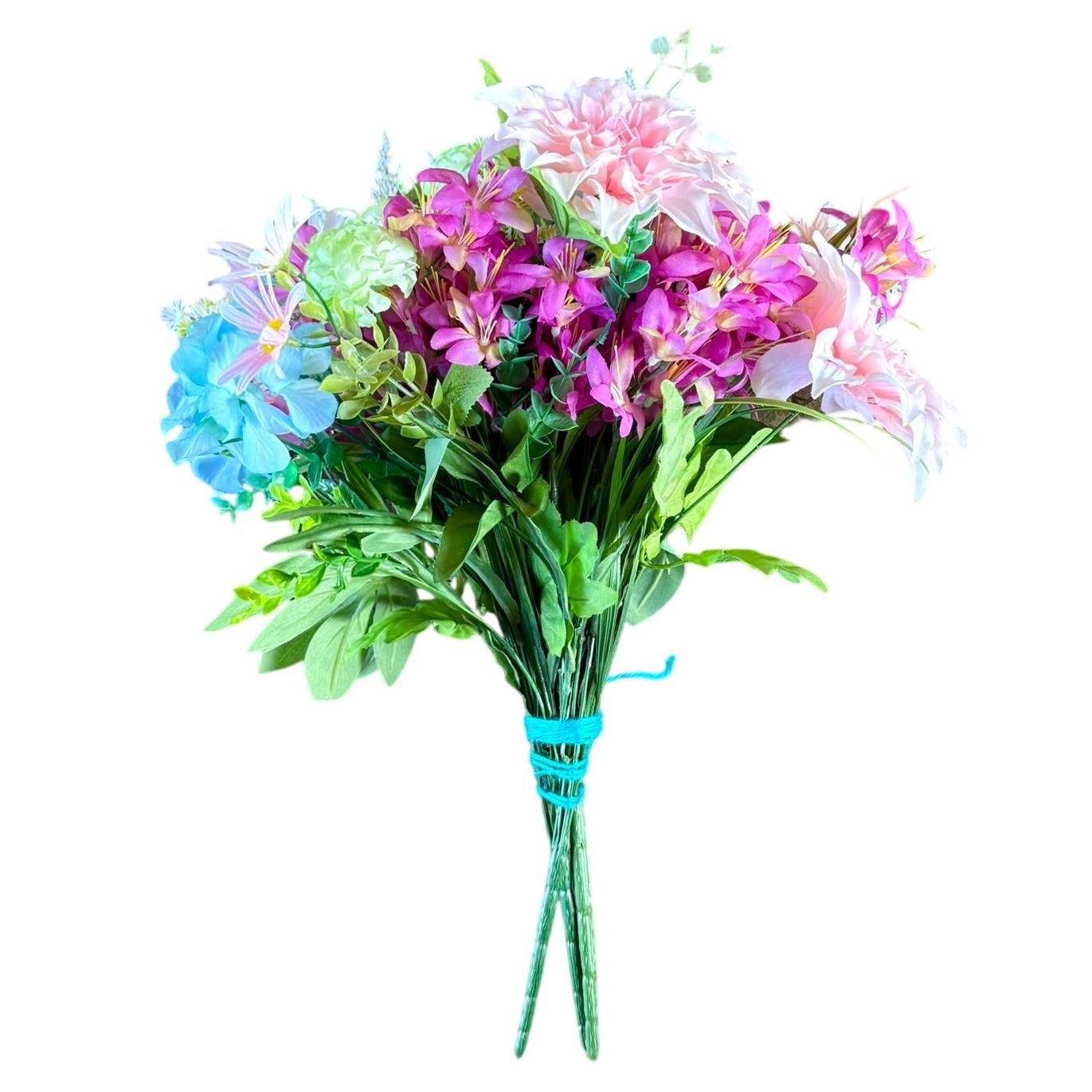 Upcycled Handcrafted Artificial Floral Arrangement Blue Green Pink Flowers OOAK