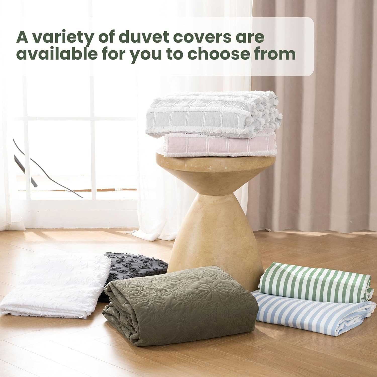 Soft Green Striped Queen Duvet Cover Set with Button Closure & Pillow Cases