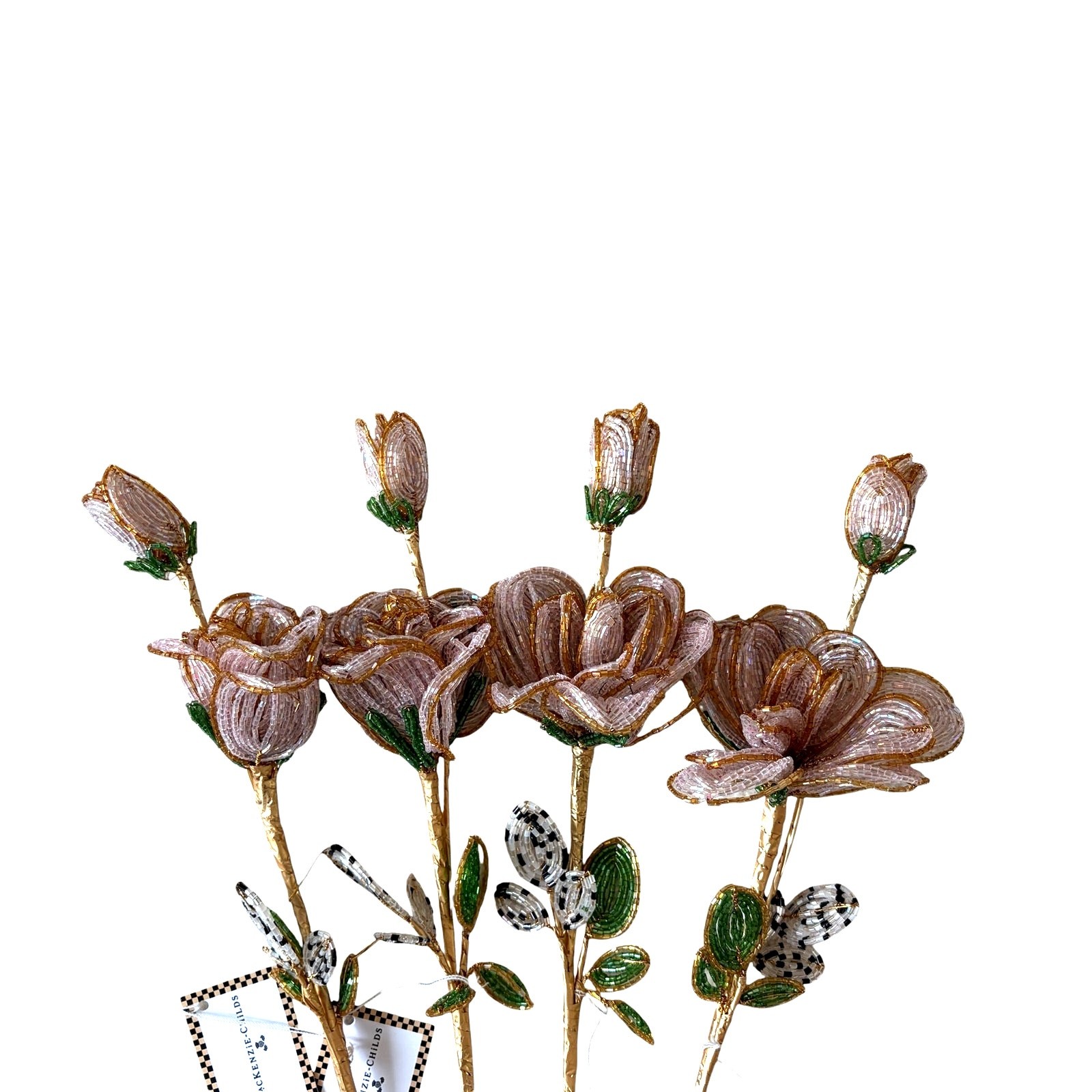 NEW MacKenzie-Childs Pink Rose Beaded Flower Stems Set of 4