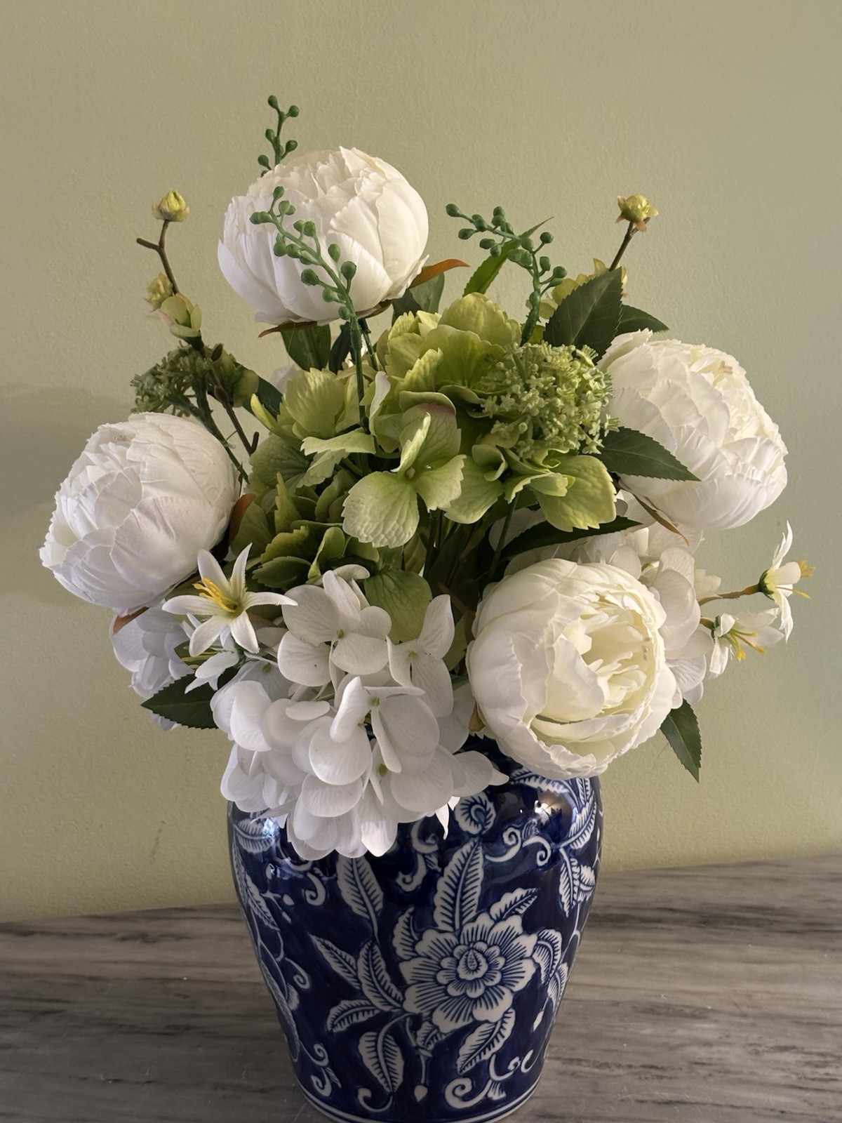 White Peonies Silk Flowers In Cobalt Blue Vase Decor Stands Approx 17” Tall