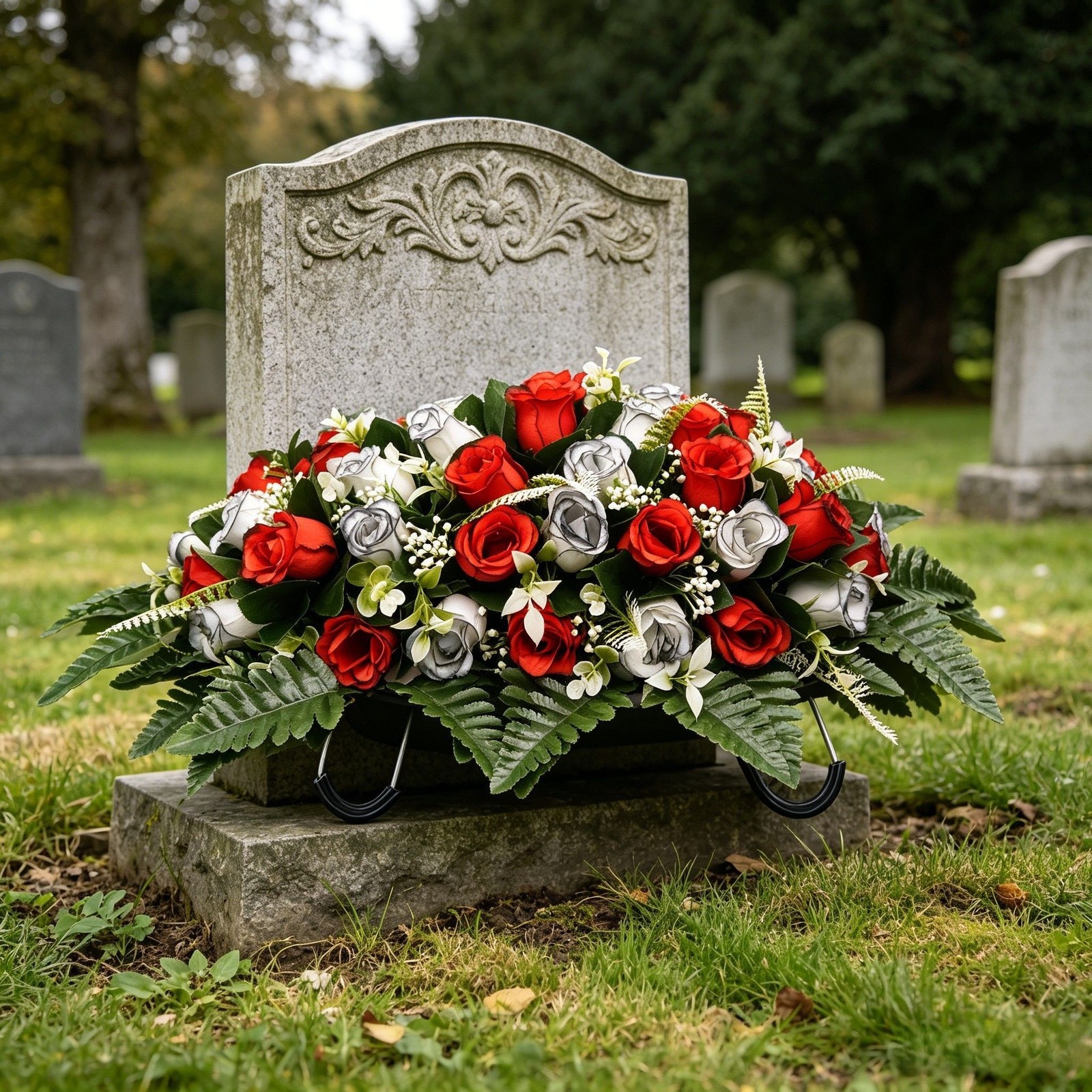 Flat Grave Marker Saddle Flower with Sturdy Metal Hooks and Silk Roses
