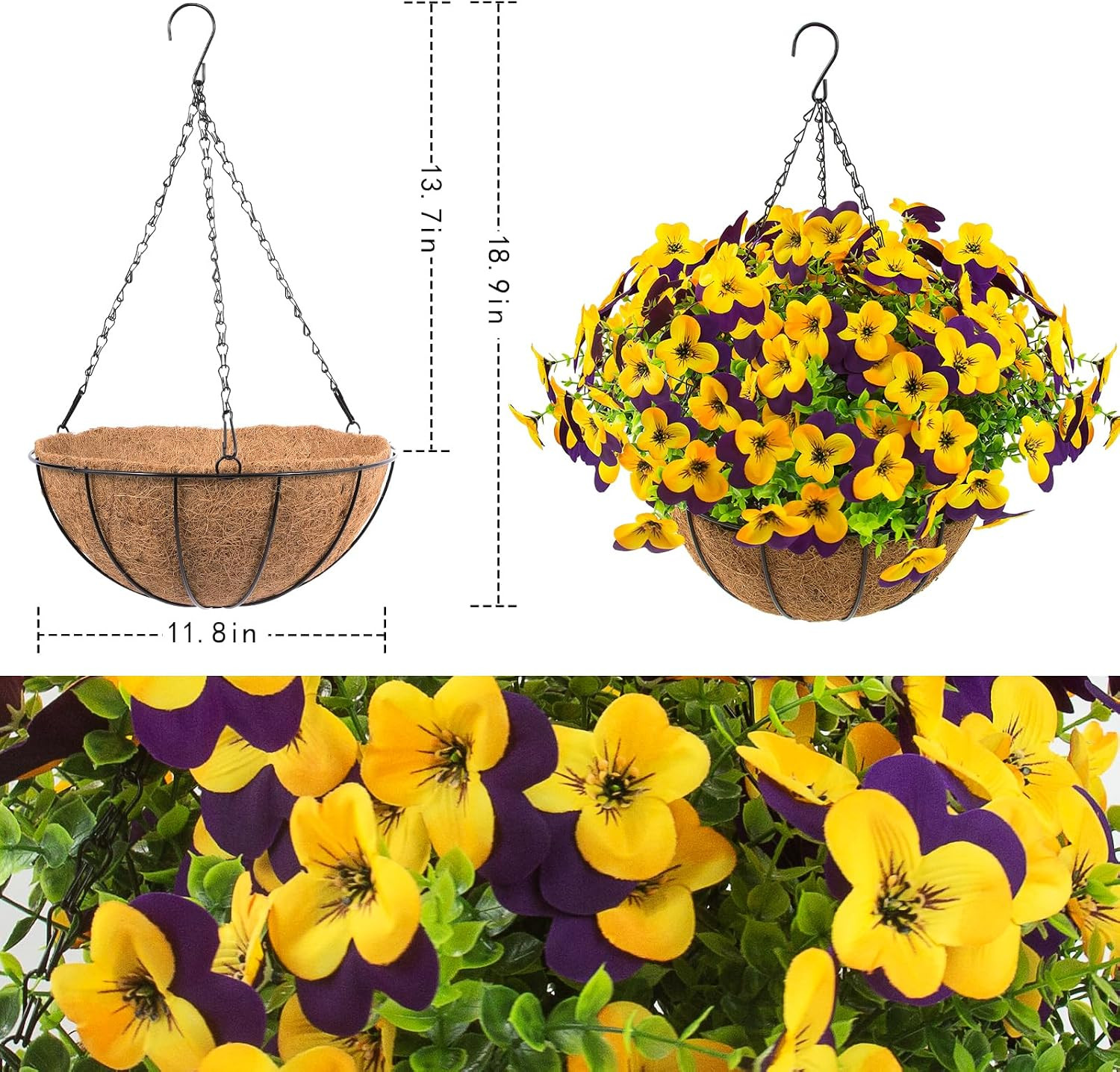 2 Set Artificial Pansy Flowers with Hanging Baskets for Spring Decor