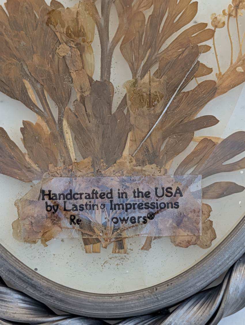 Vintage Lasting Impressions Real Dried Pressed Flowers In Glass W/ Metal Frame