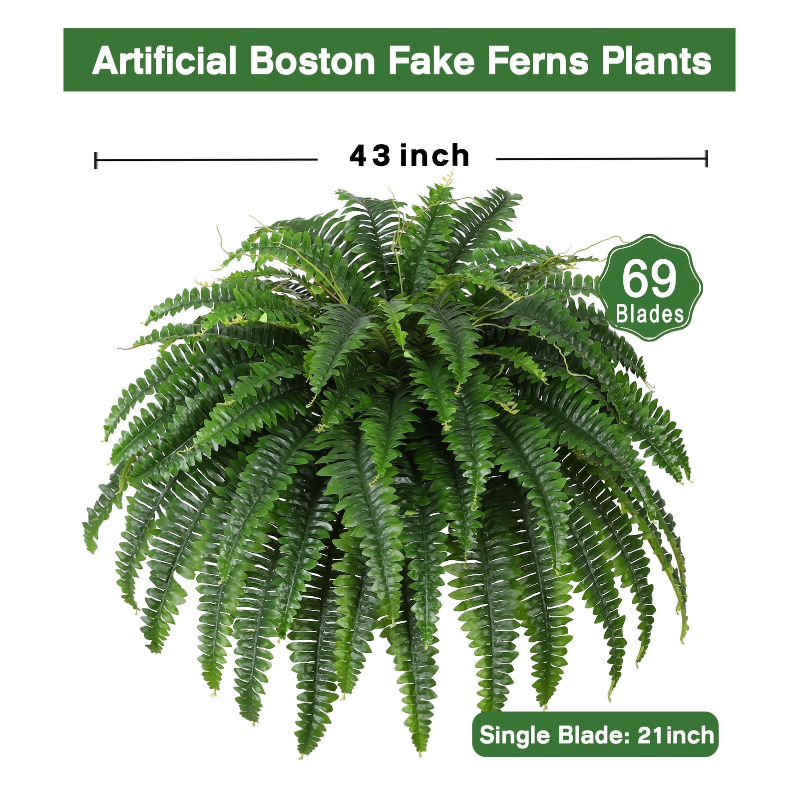 Single Silky Artificial Boston Fern Bush, 43Inch Large Artificial Ferns for O…