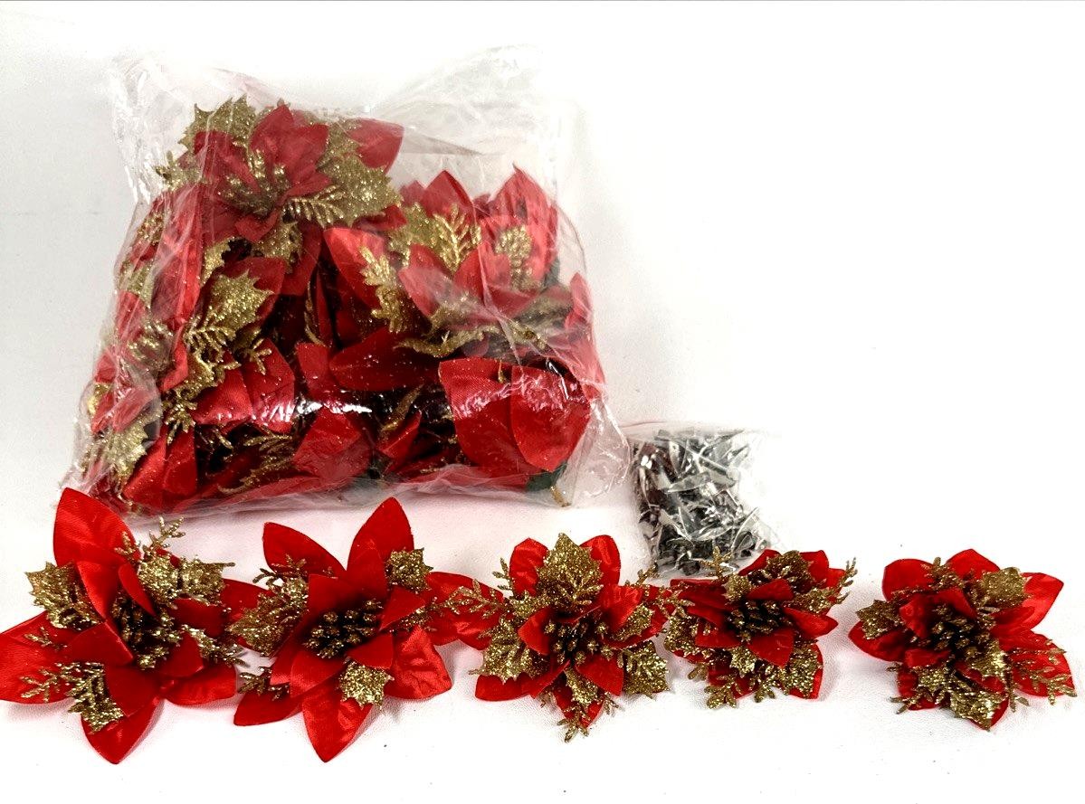36 Christmas Poinsettia Red Gold-Tone Fabric Flowers & Add On Clips 2″-5″